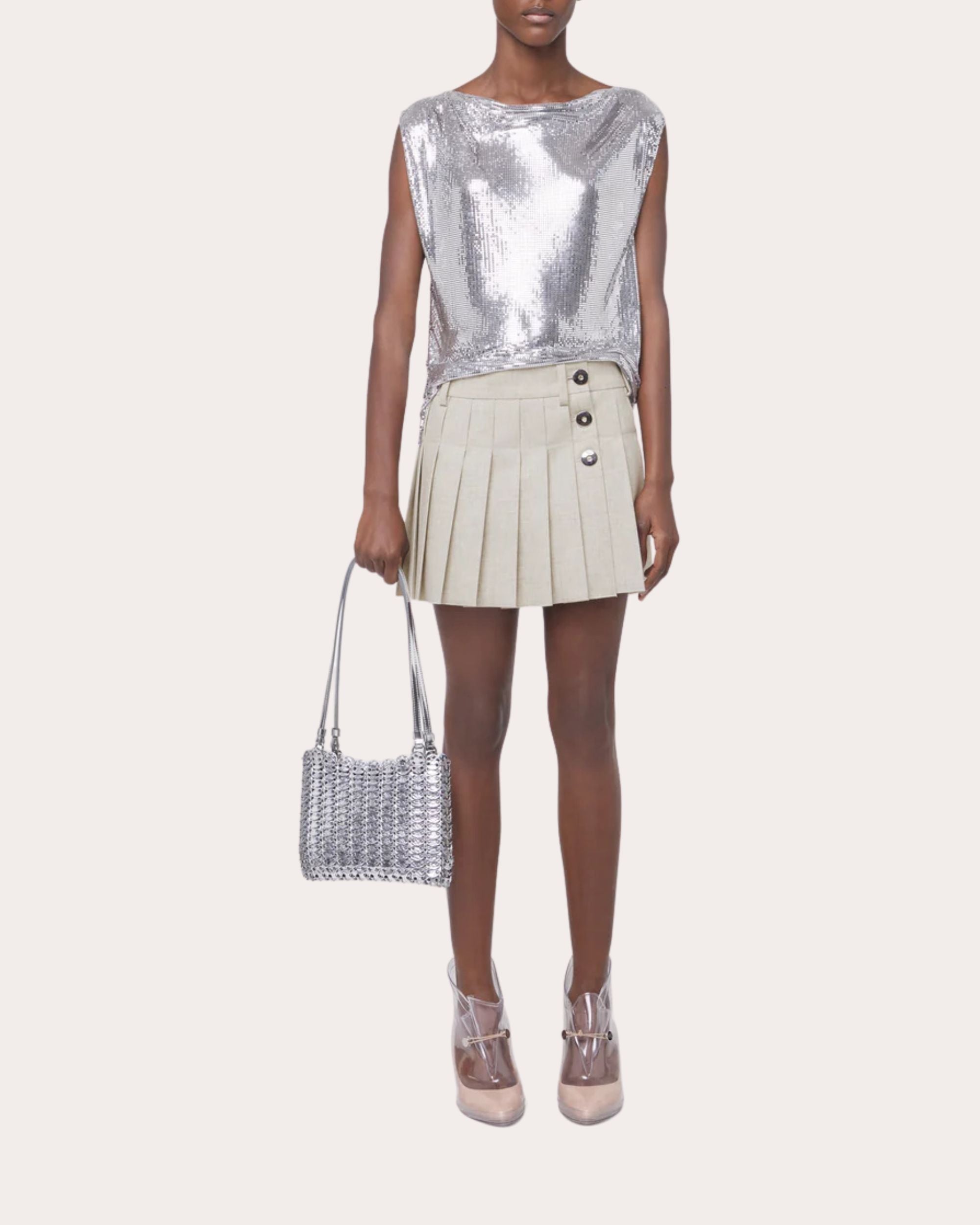 Pleated Wool and Cotton Blend Mini Skirt