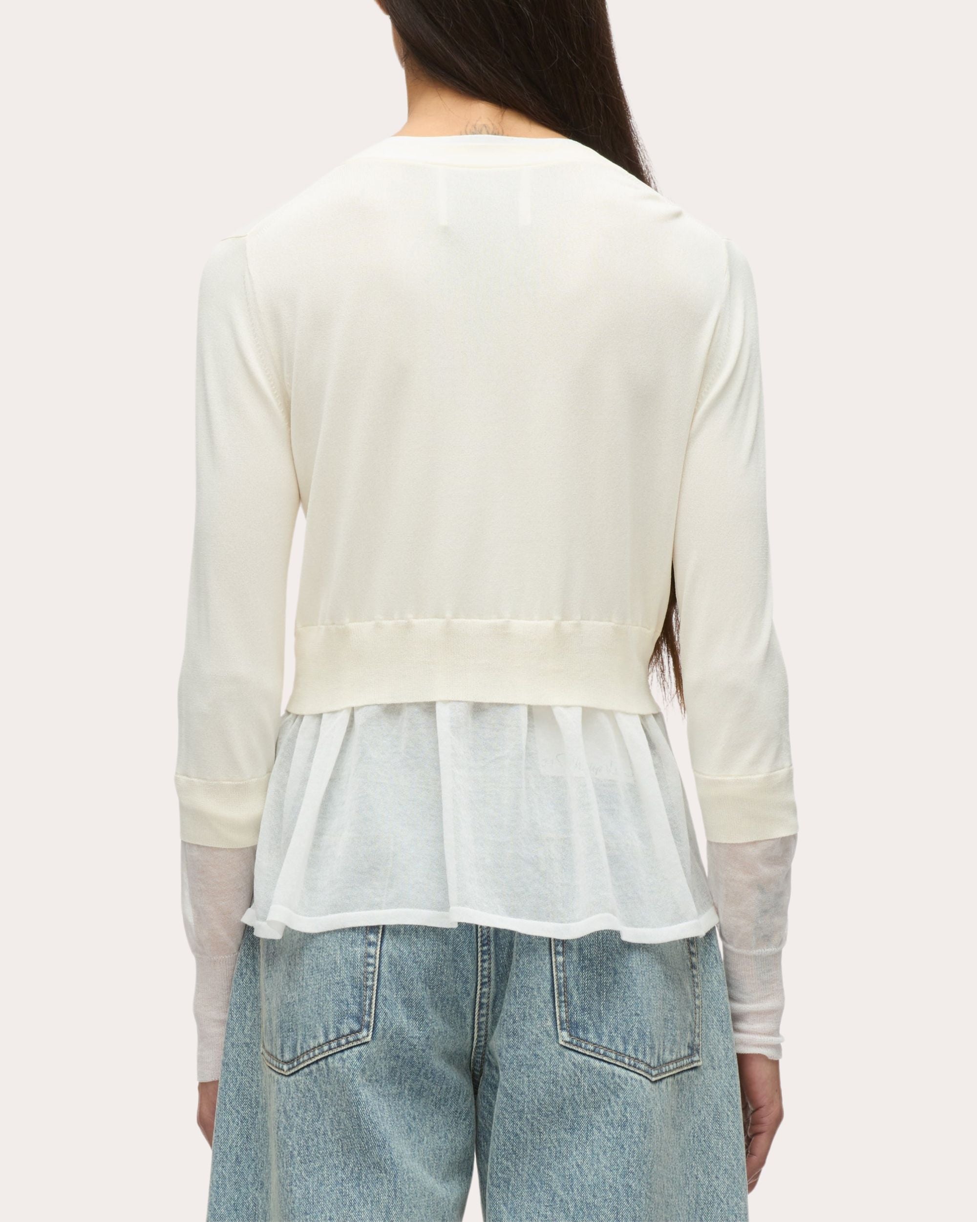 Layered Gauze-Trimmed Knit Peplum Cardigan