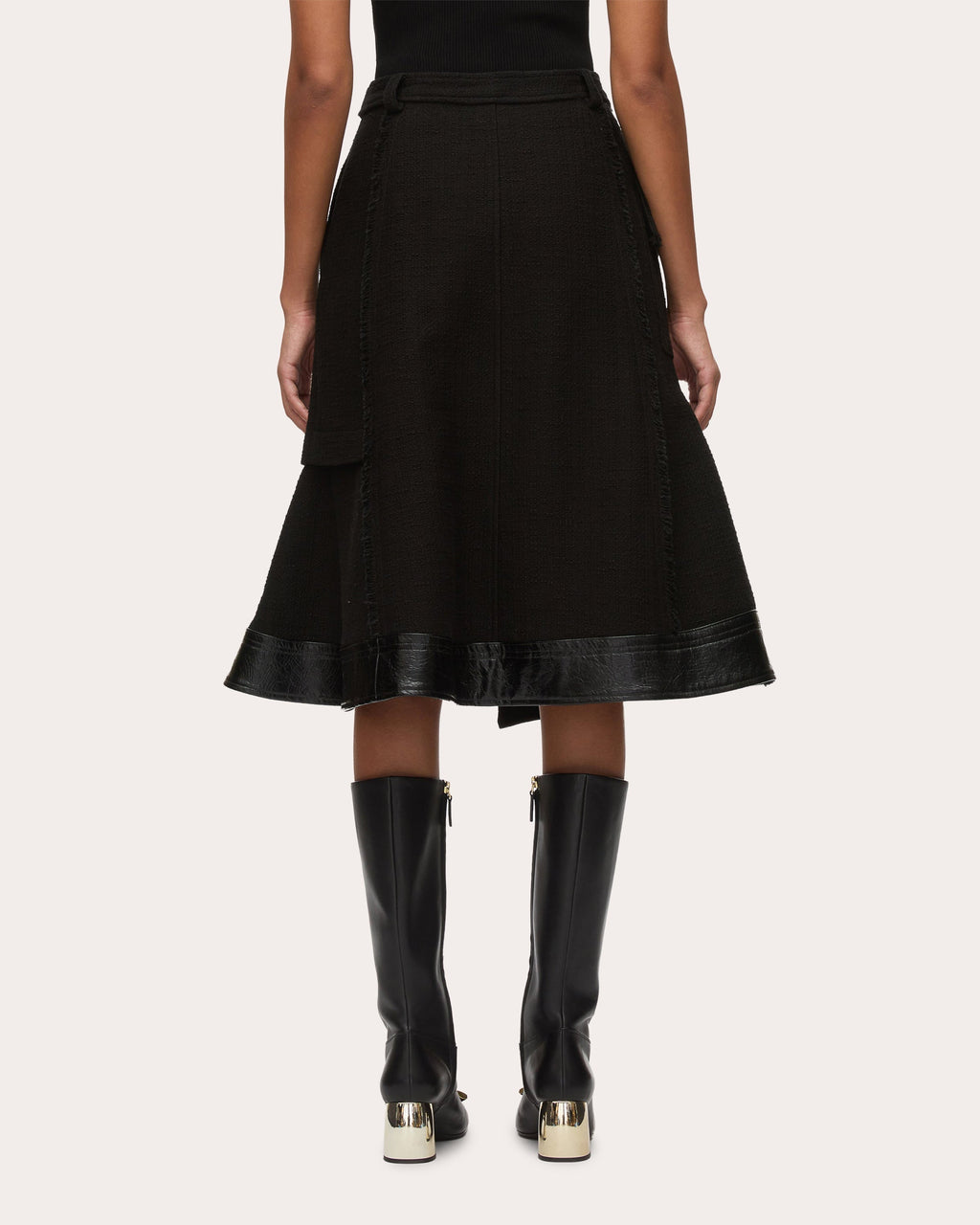 Belted Faux Leather-Trim Tweed Skirt
