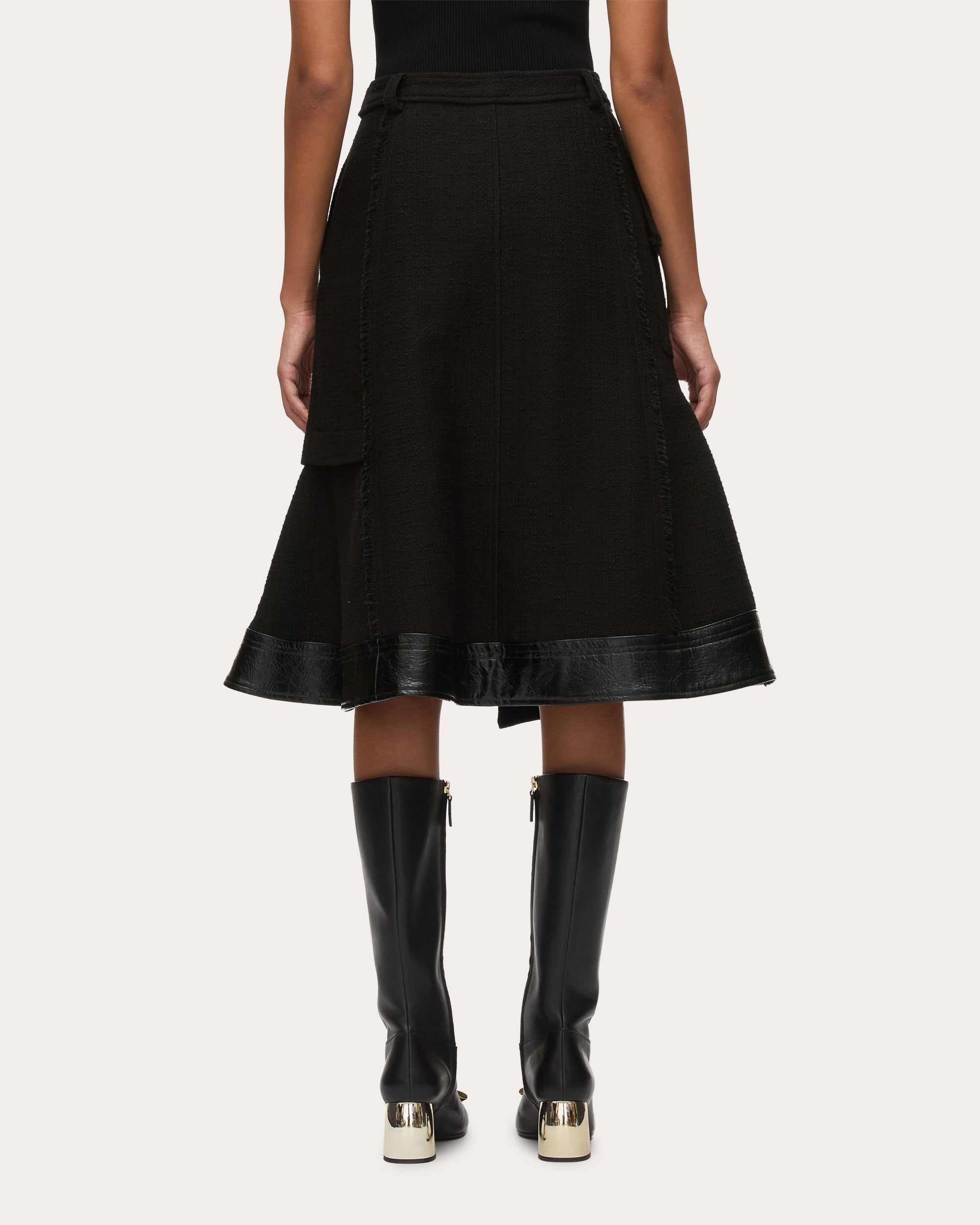 Belted Faux Leather-Trim Tweed Skirt