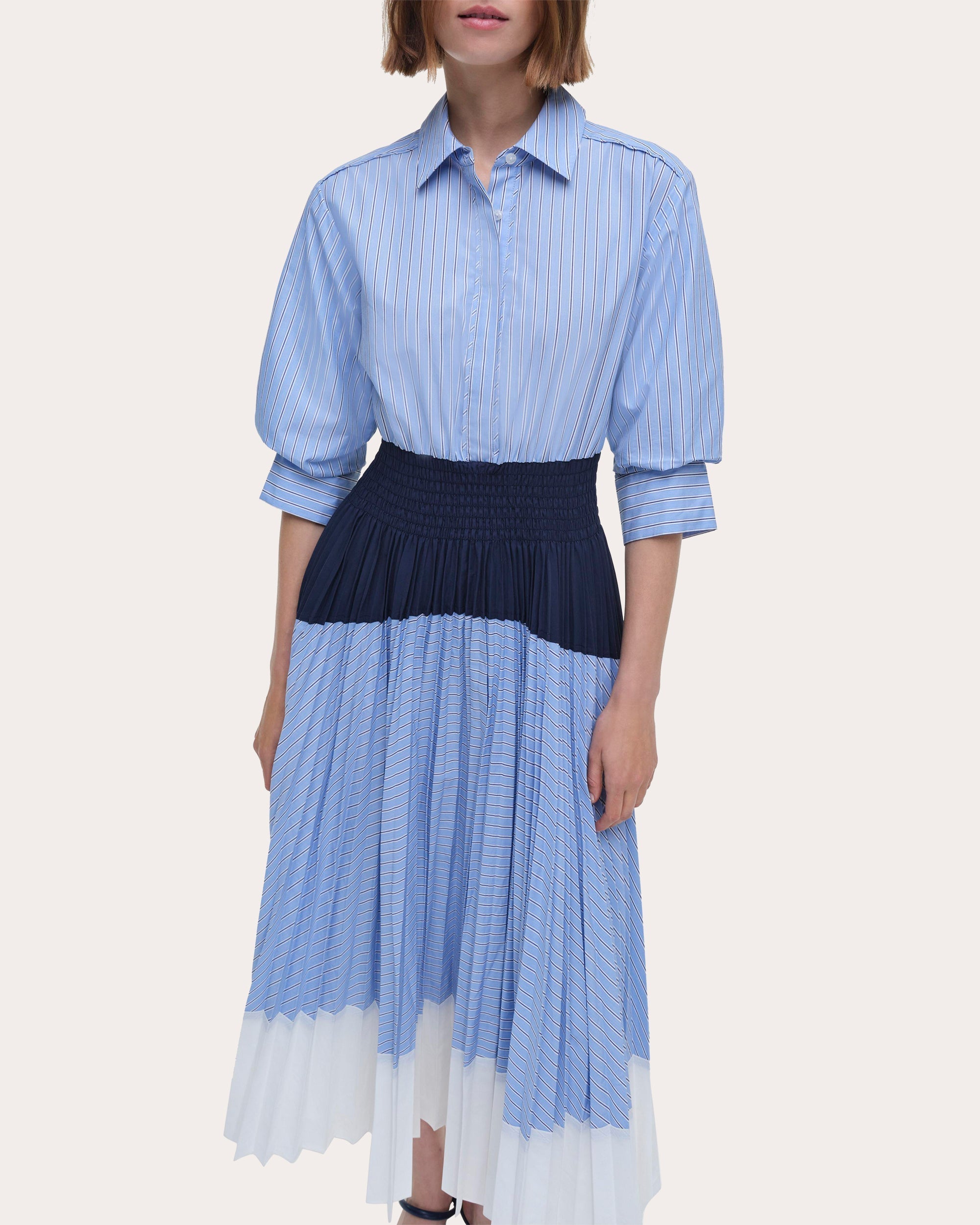Jenella Stripe Pleated Cotton Poplin Midi Shirt Dress