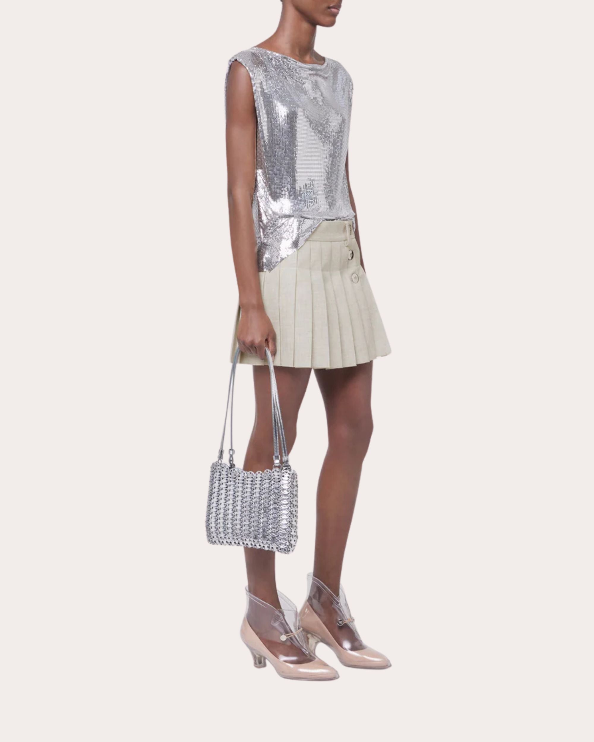 Pleated Wool and Cotton Blend Mini Skirt