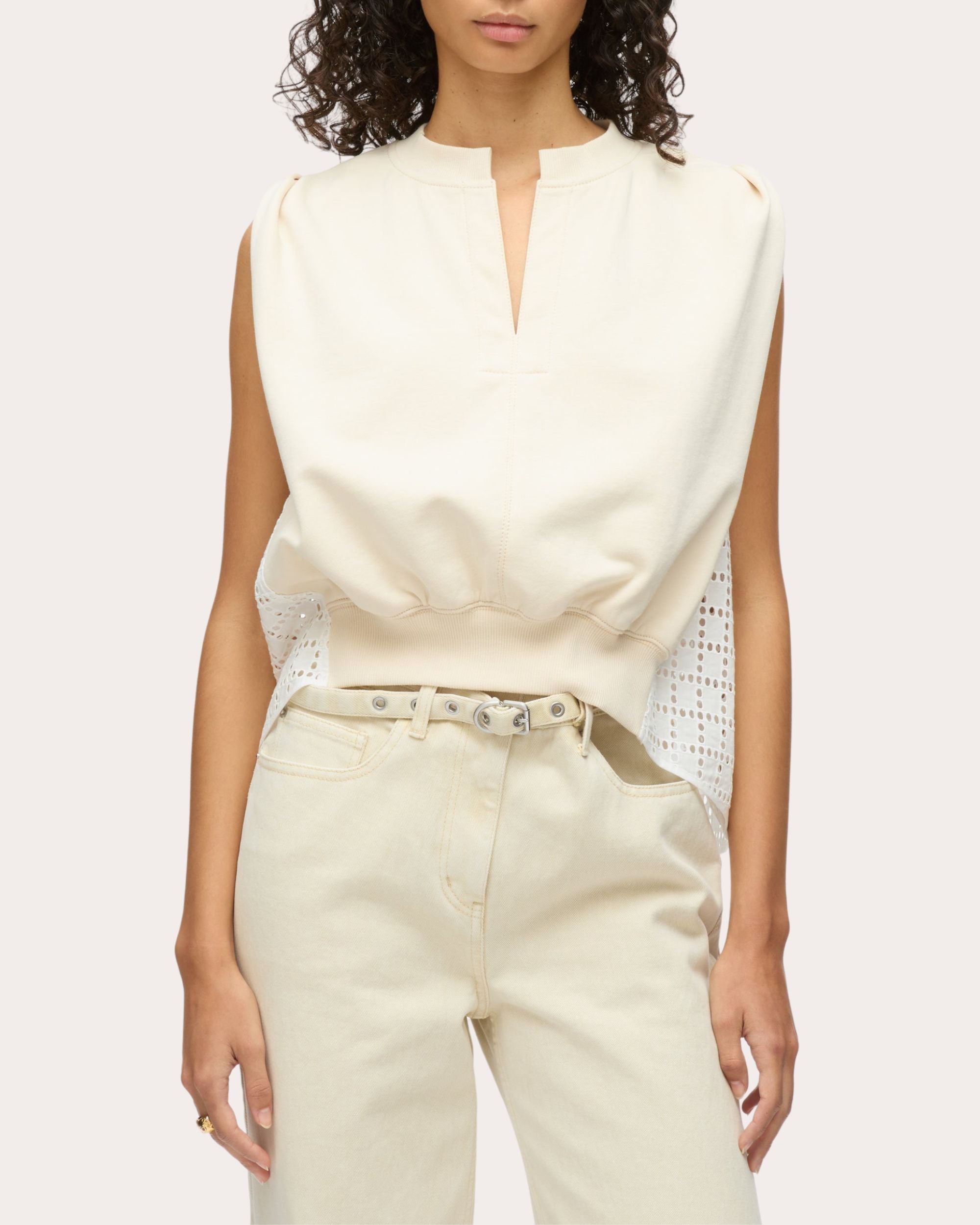 Asymmetric French Terry and Broderie Anglaise Top
