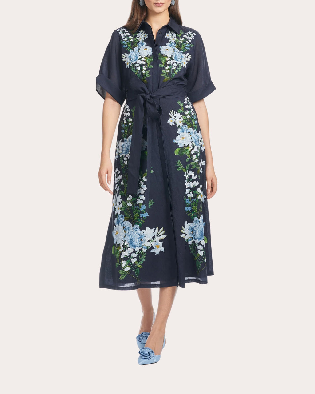 Joy Belted Floral-Print Linen Blend Shirt Dress