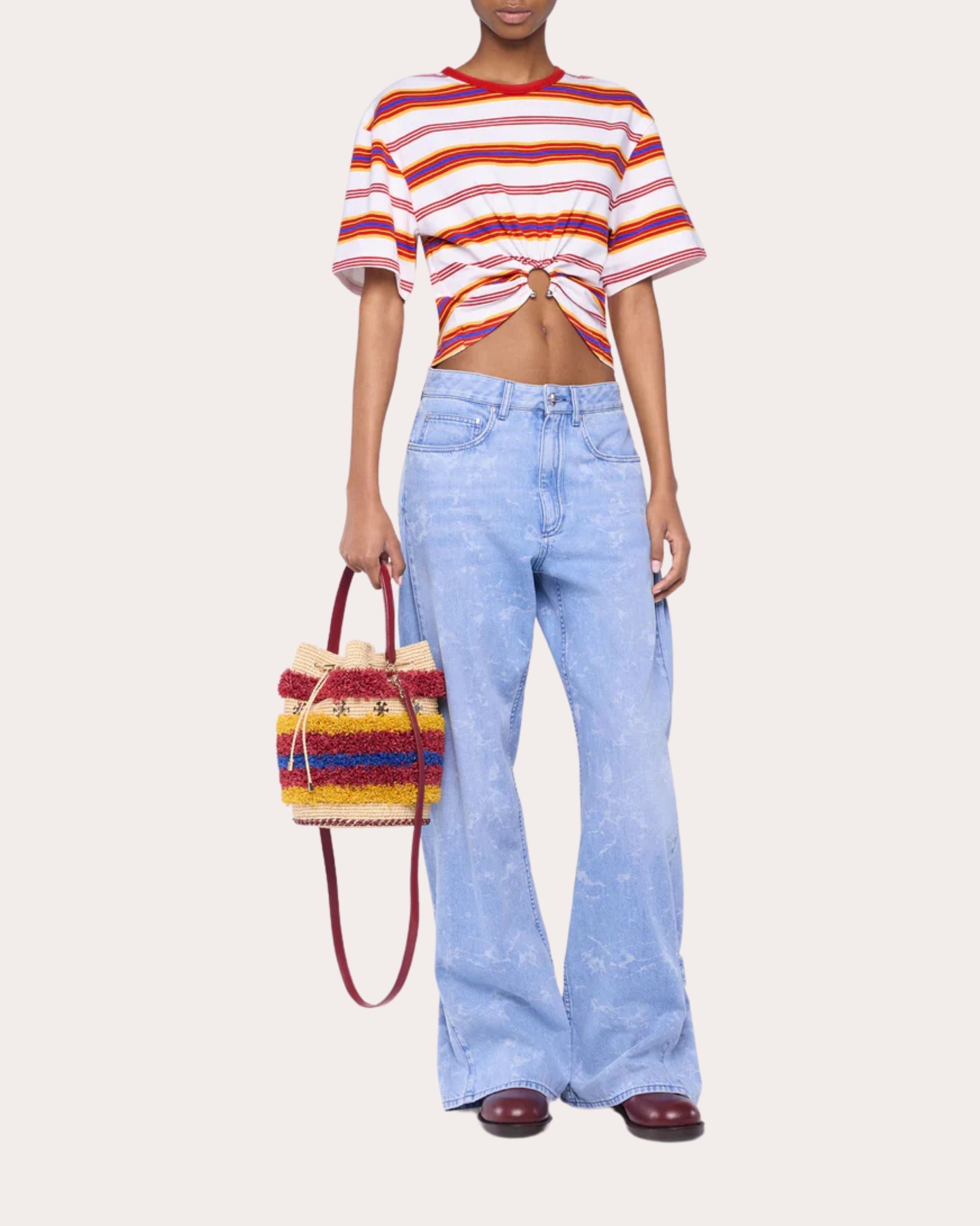 Cropped Gathered Striped Cotton Jersey T-Shirt