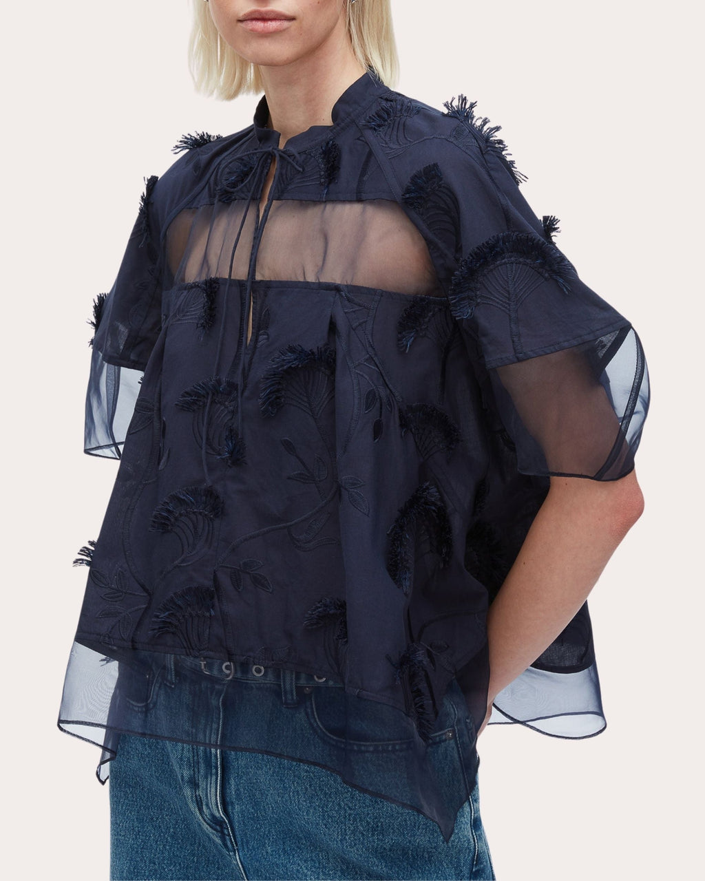 Paneled Embroidered Cotton Organza Top