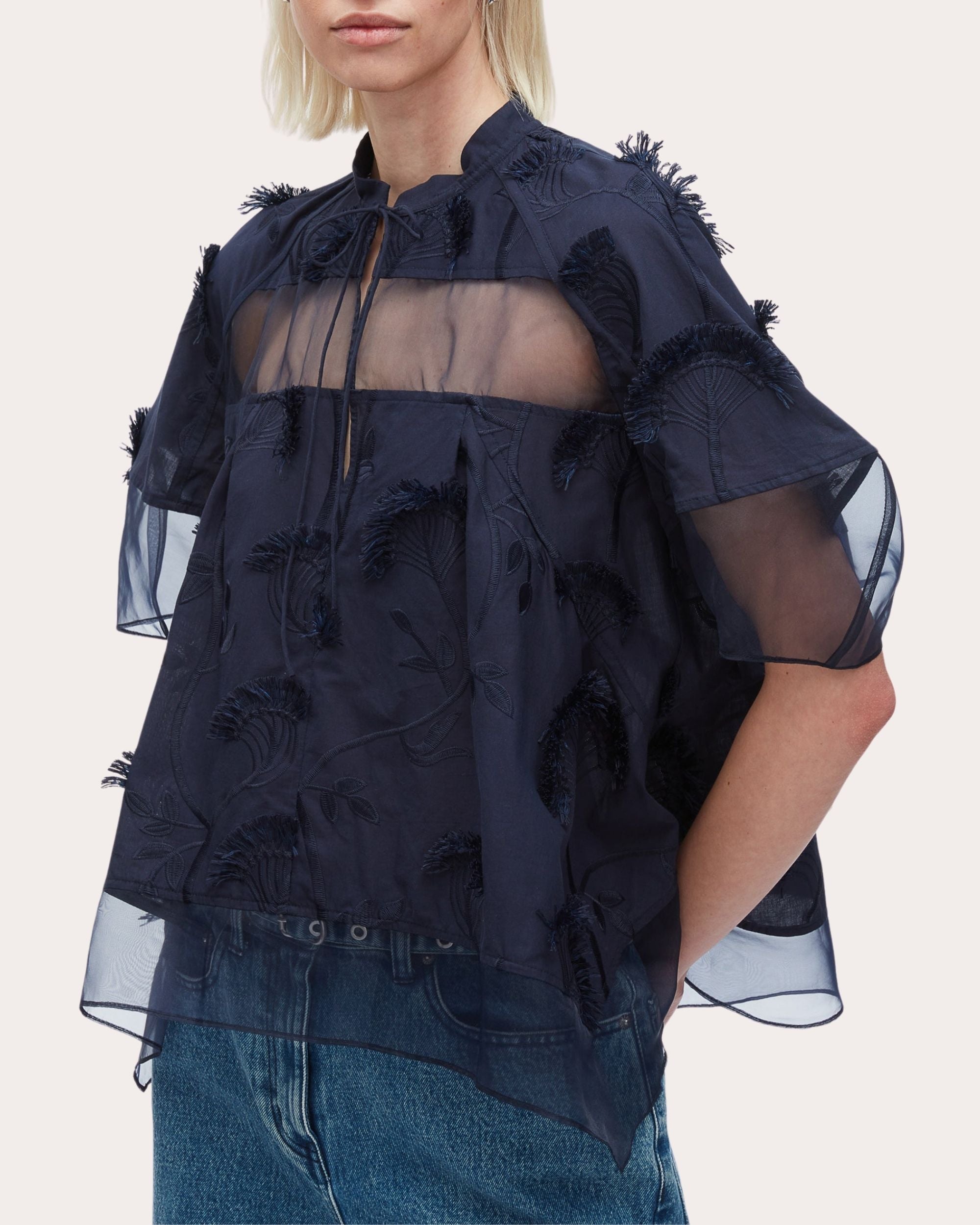 Paneled Embroidered Cotton Organza Top
