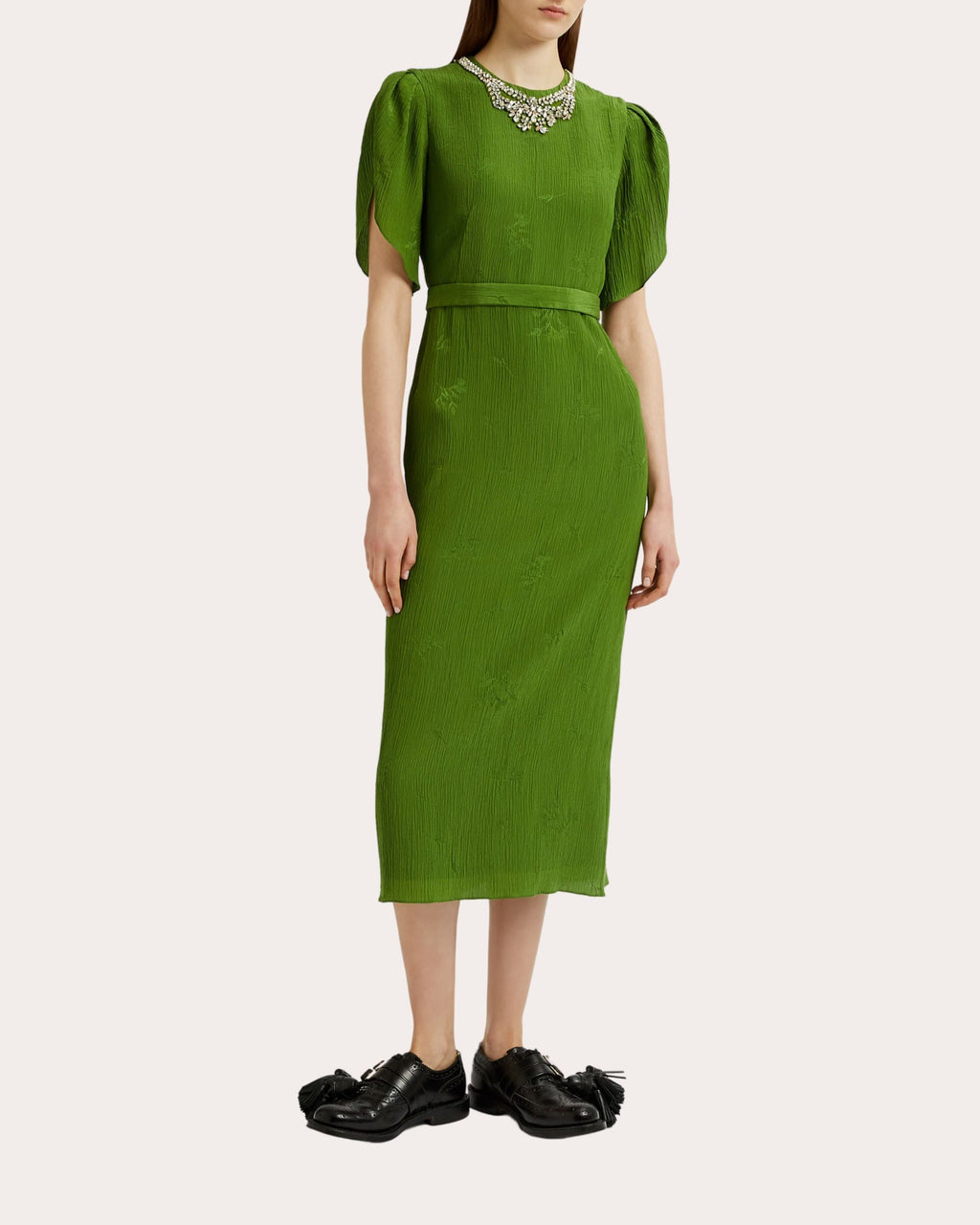 Crystal-Embellished Crinkled Jacquard Midi Dress