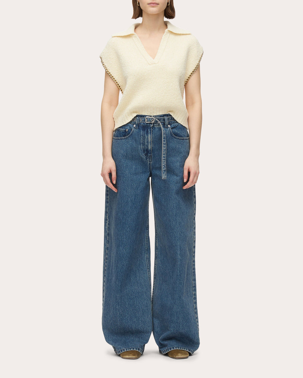 Cropped Chain-Embellished Wool Bouclé Knit Sweater