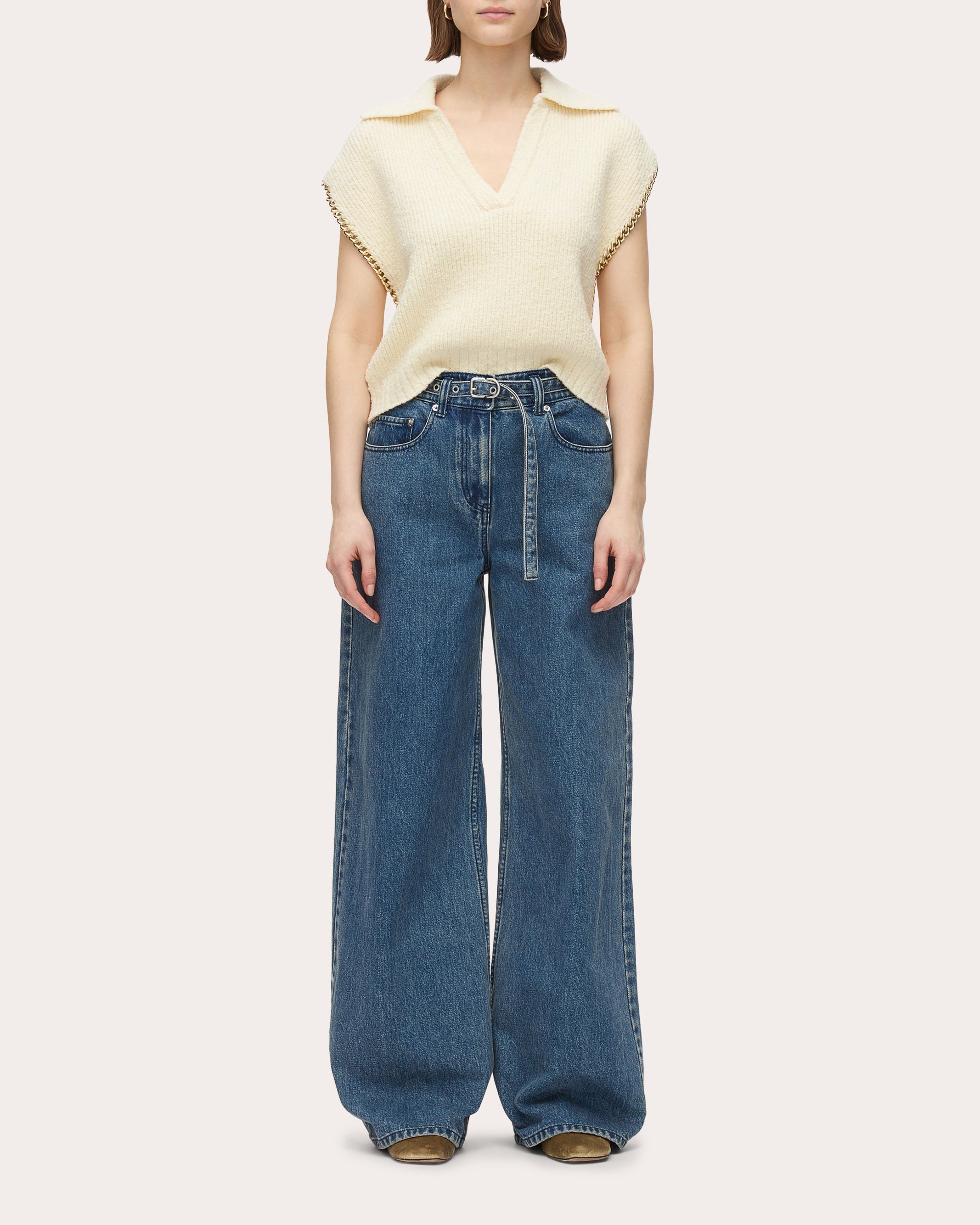 Cropped Chain-Embellished Wool Bouclé Knit Sweater