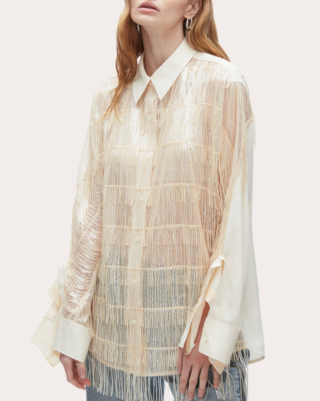 Fringed Sequin-Embellished Crepe Blouse