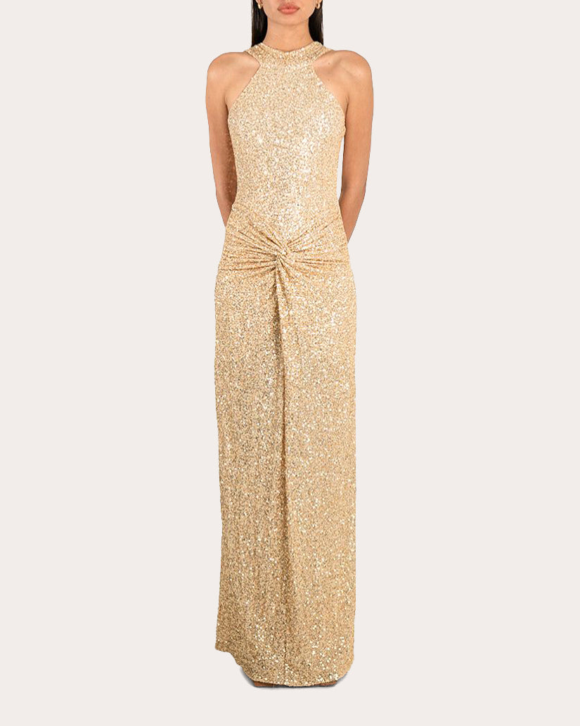 Fairuz Twist-Front Sequined Jersey Gown