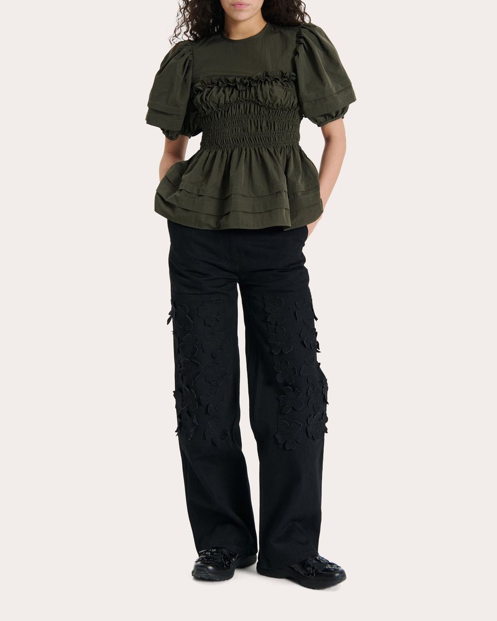 Onessa Shirred Taffeta Peplum Top