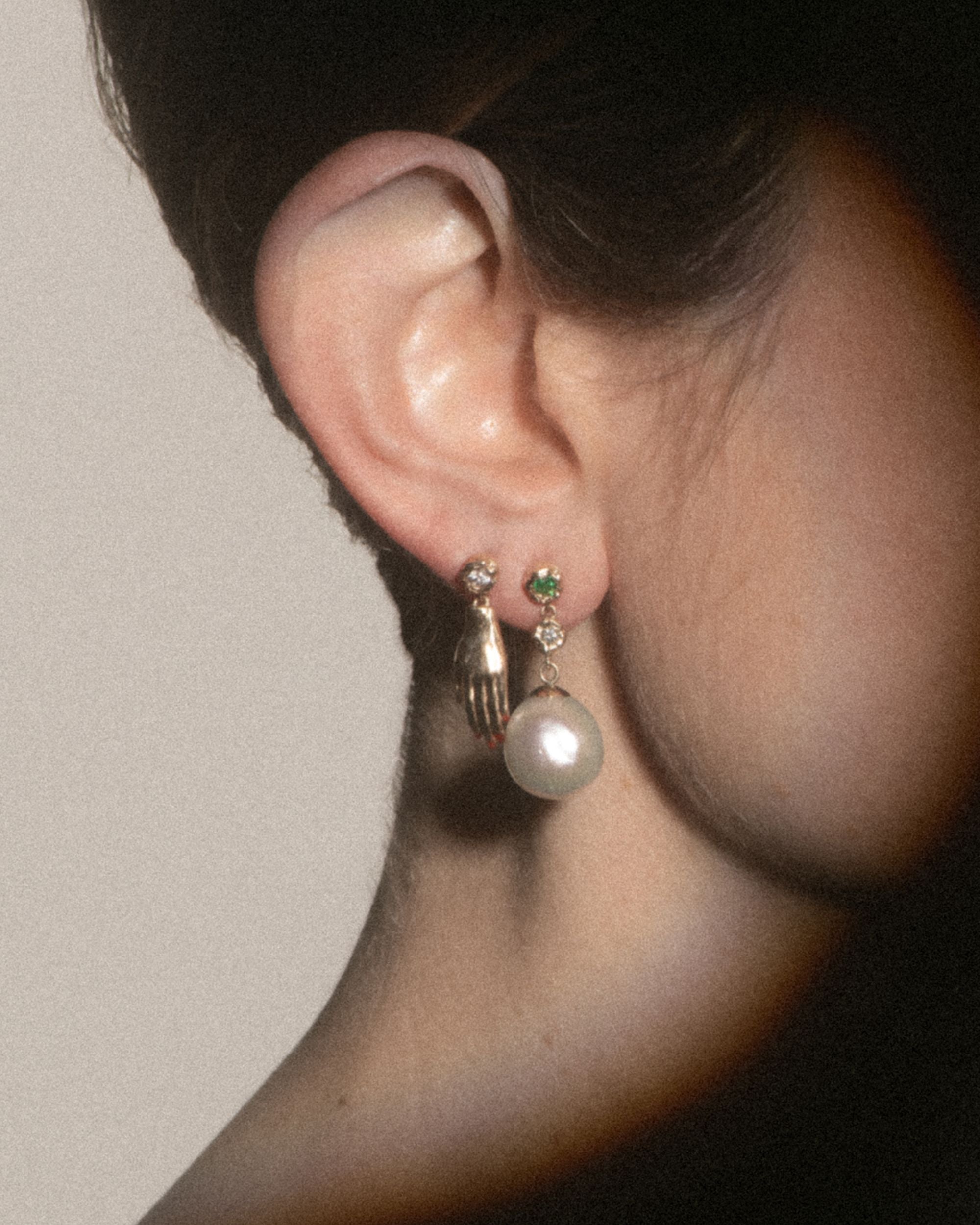 Elsa 14K Gold Pearl Emerald and Diamond Single Earring