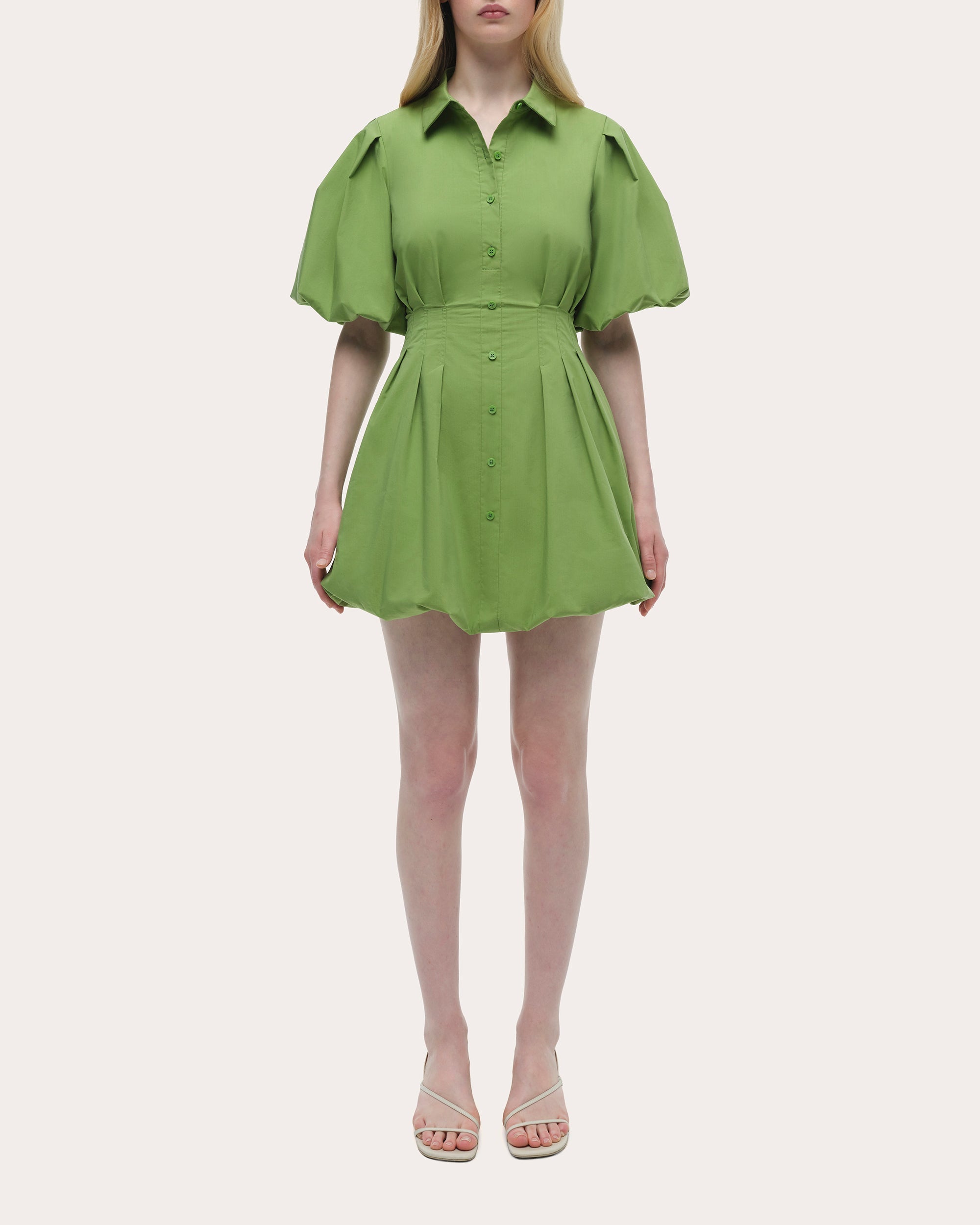 Cleo Poplin Puff-Sleeve Mini Shirt Dress
