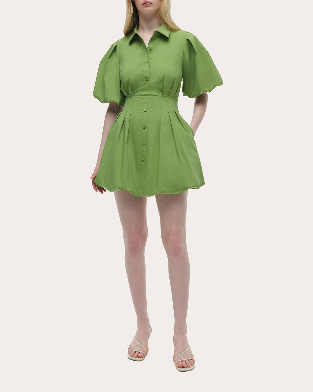Cleo Poplin Puff-Sleeve Mini Shirt Dress