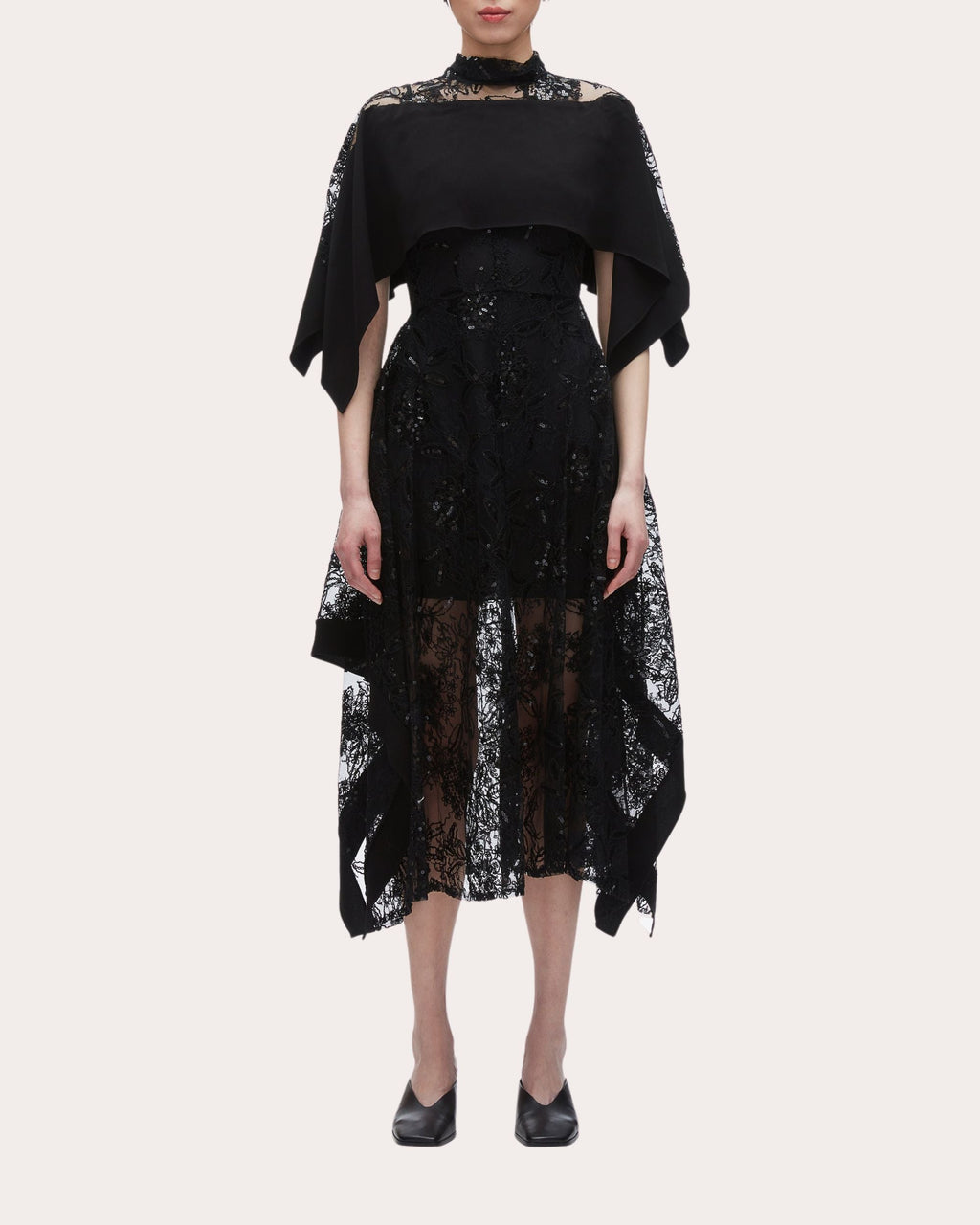 Cape-Effect Sequin-Embellished Lace Midi Dress