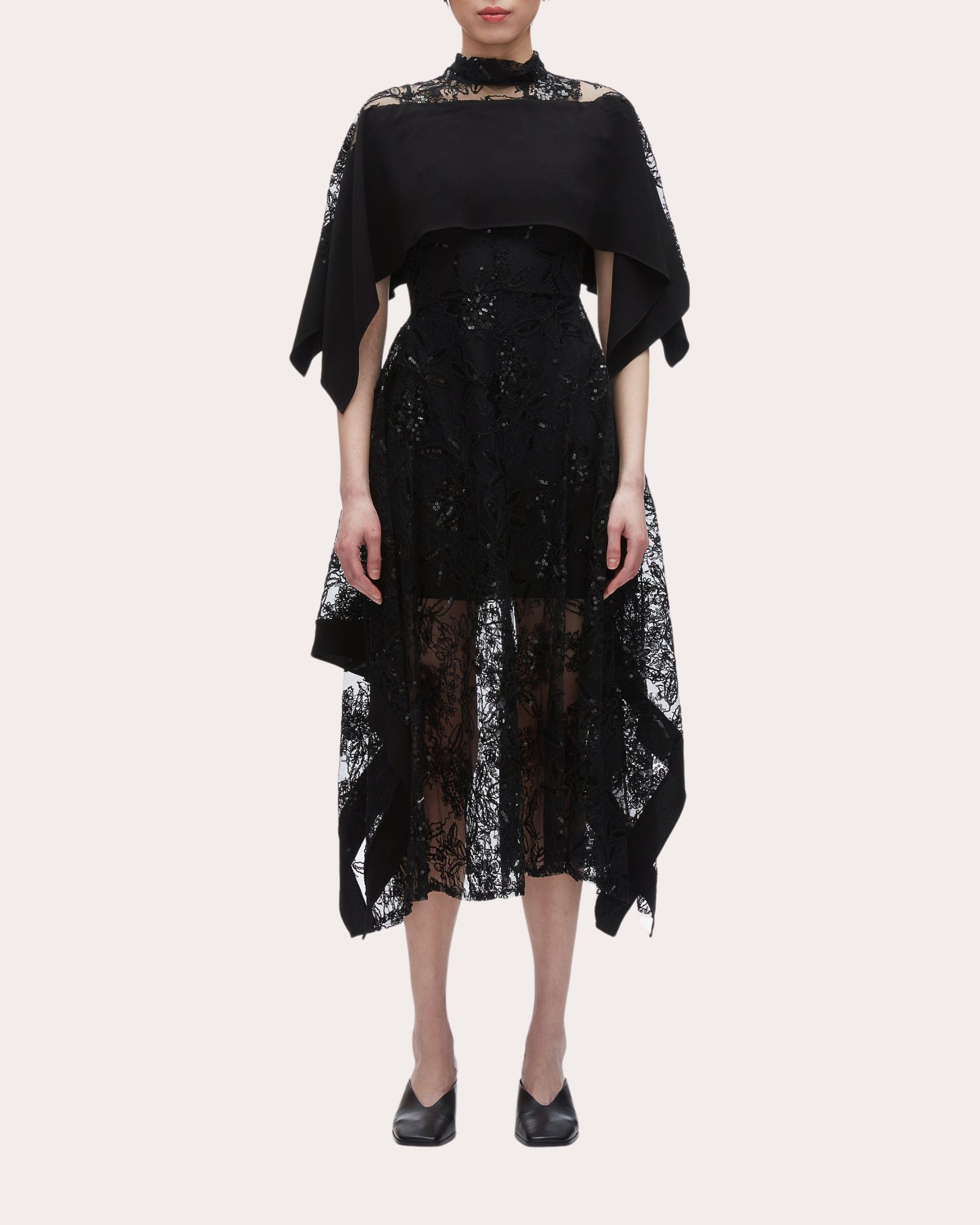 Cape-Effect Sequin-Embellished Lace Midi Dress