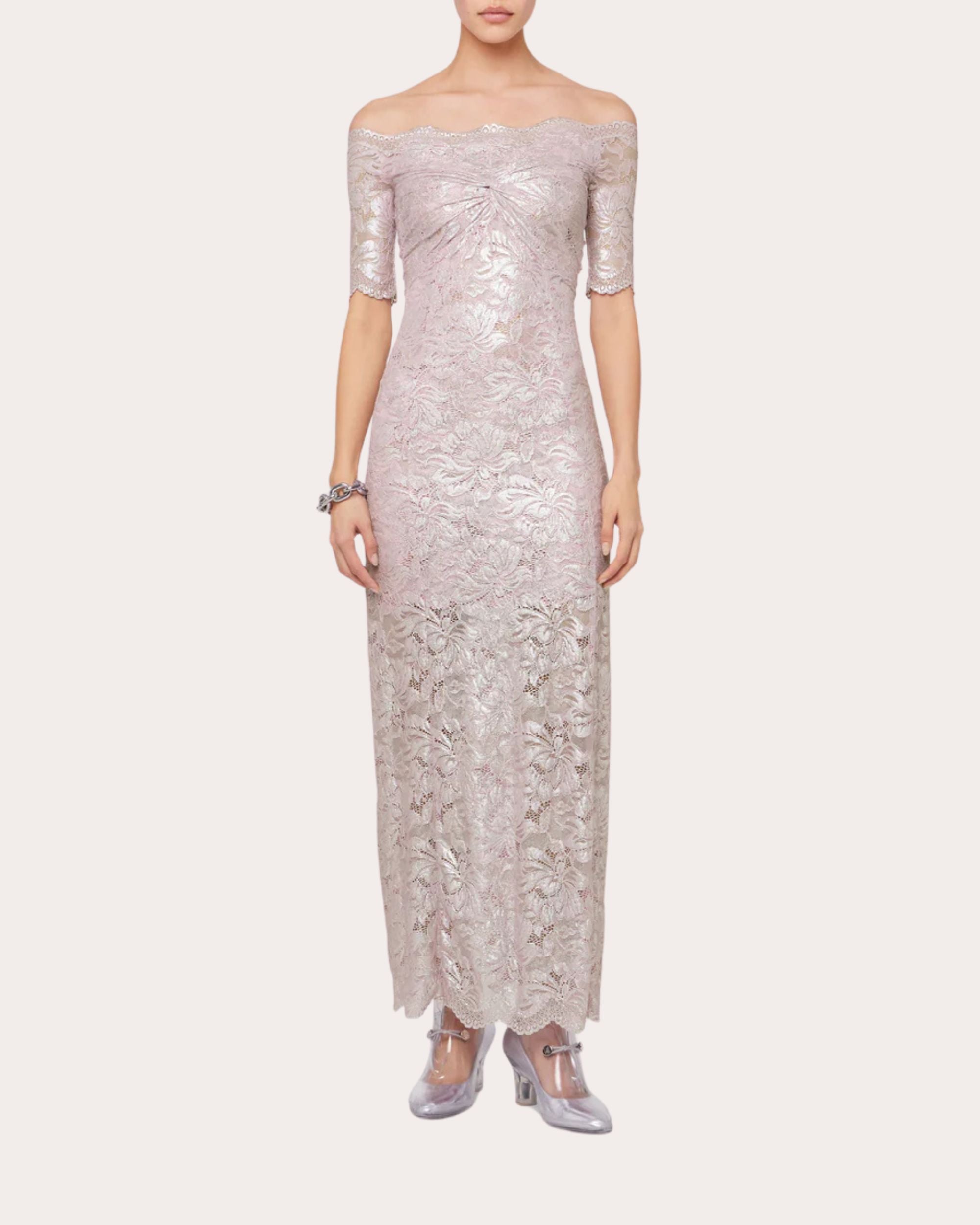 Twist-Front Metallic Lace Off-Shoulder Maxi Dress