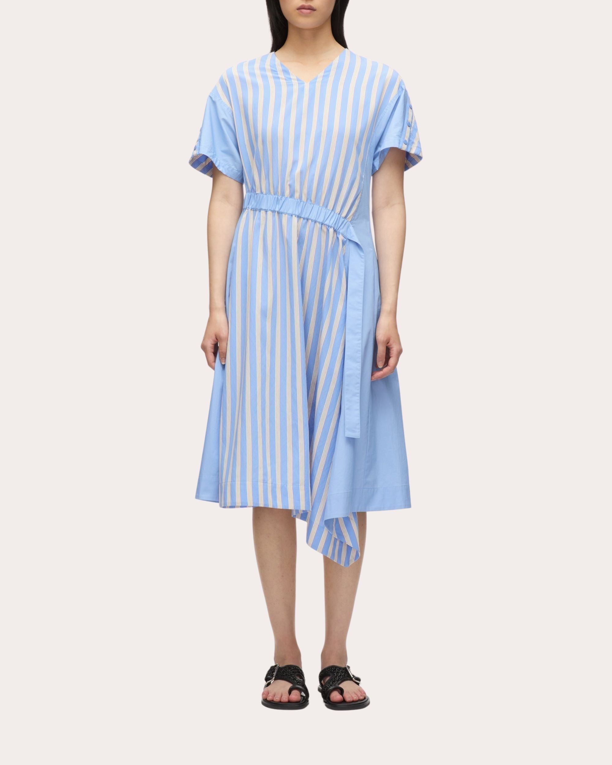 Asymmetric Striped Techno-Poplin Midi Dress