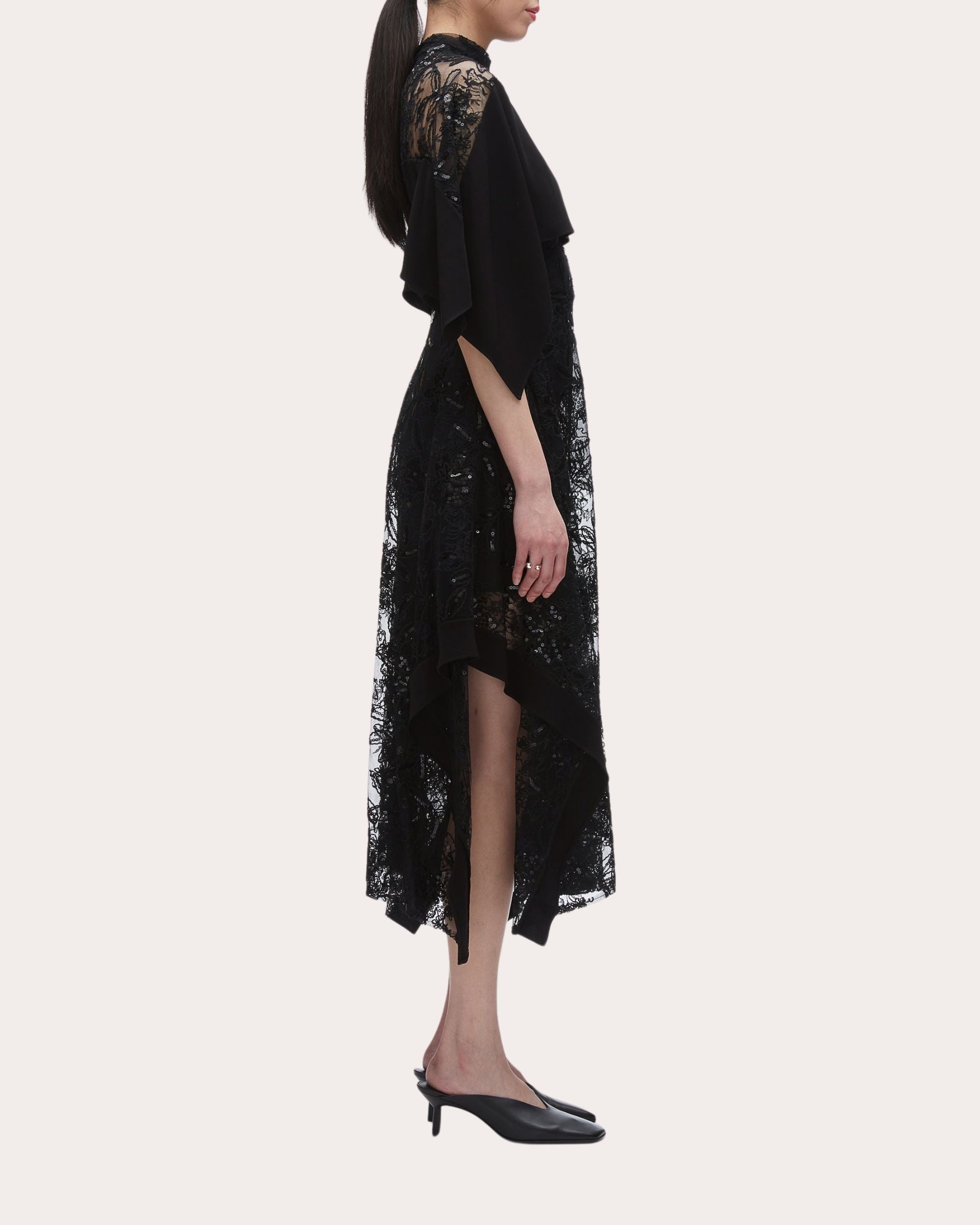 Cape-Effect Sequin-Embellished Lace Midi Dress