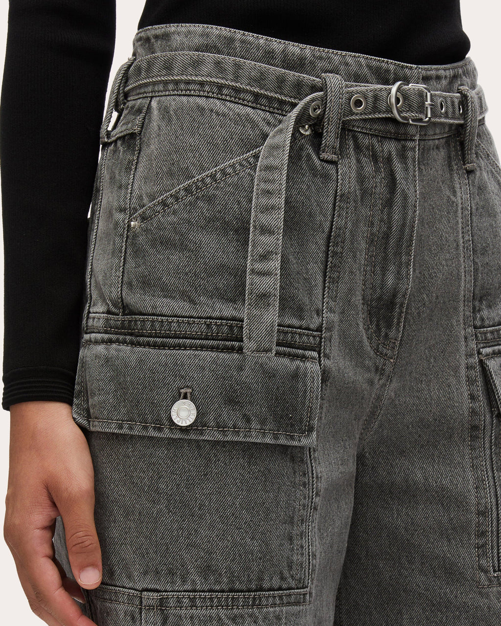 Belted Acid-Washed Wide-Leg Cargo Jeans