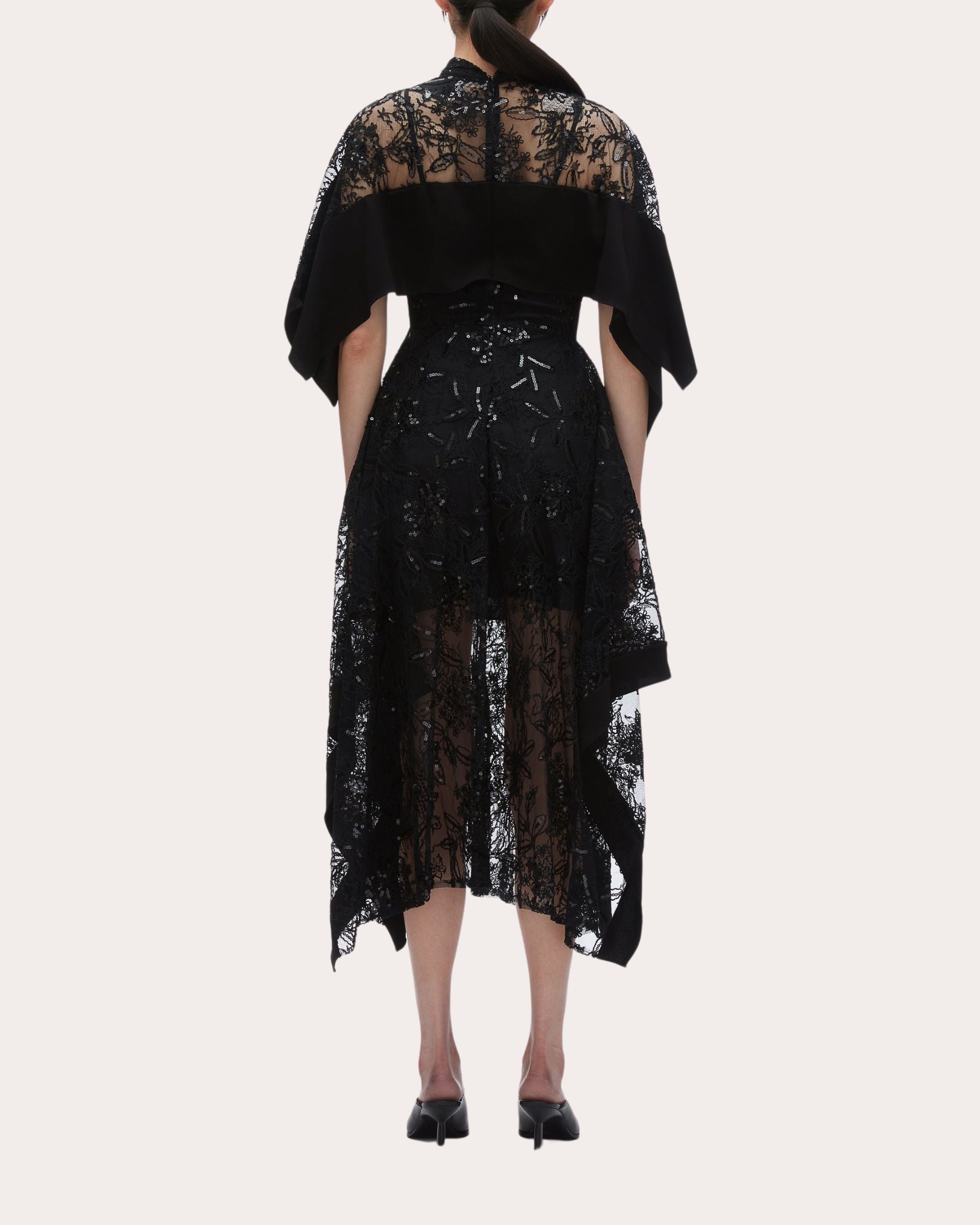 Cape-Effect Sequin-Embellished Lace Midi Dress