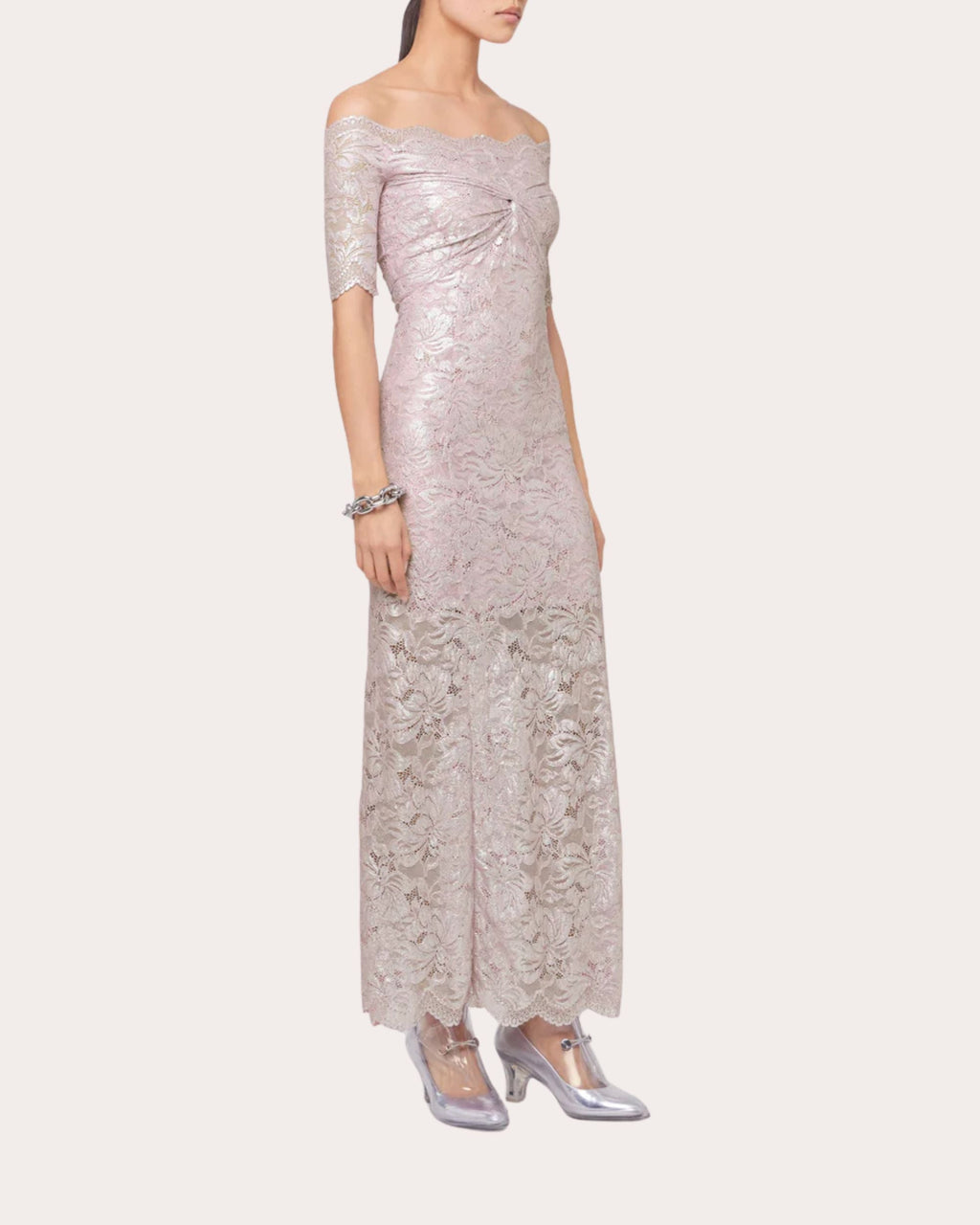 Twist-Front Metallic Lace Off-Shoulder Maxi Dress