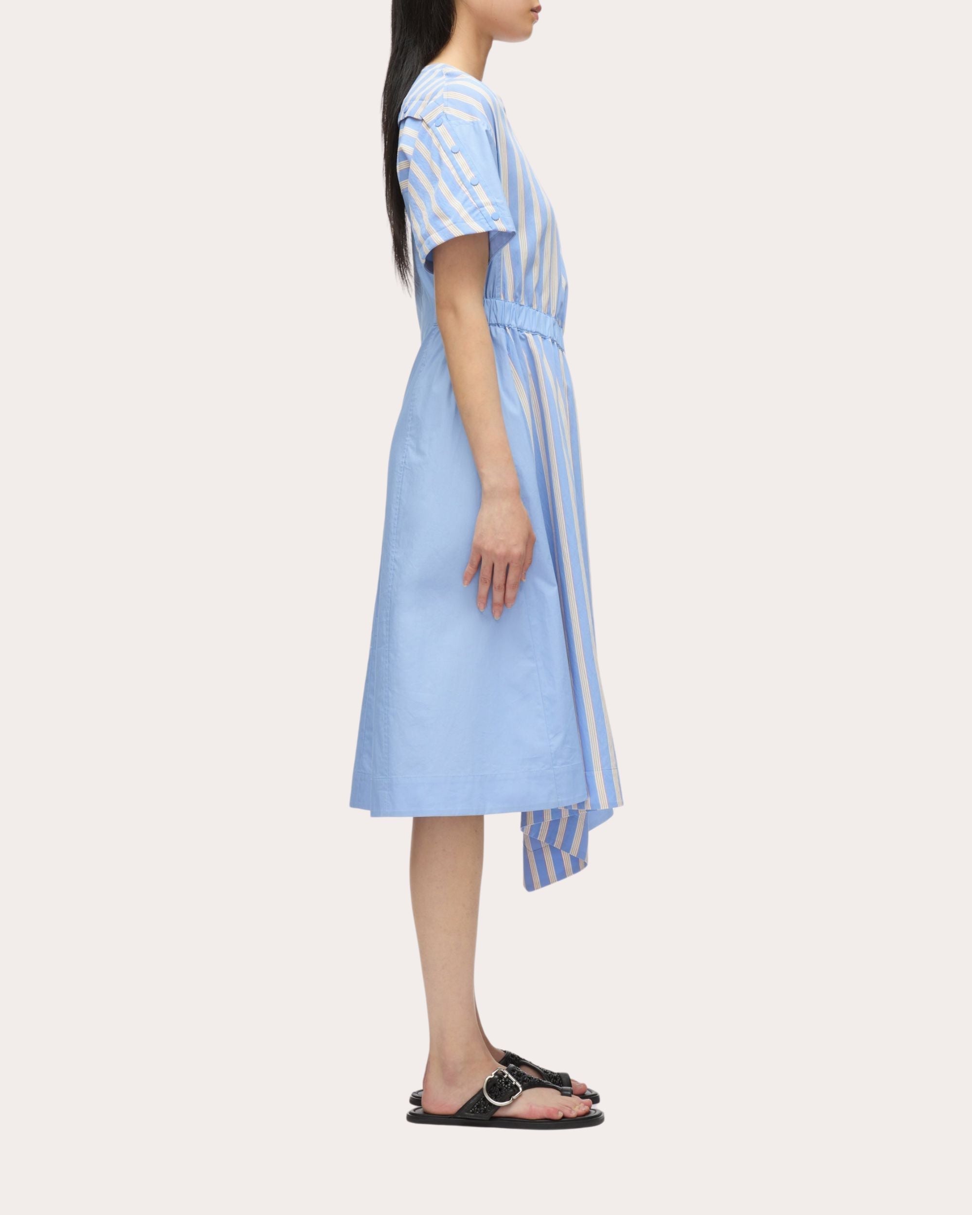 Asymmetric Striped Techno-Poplin Midi Dress