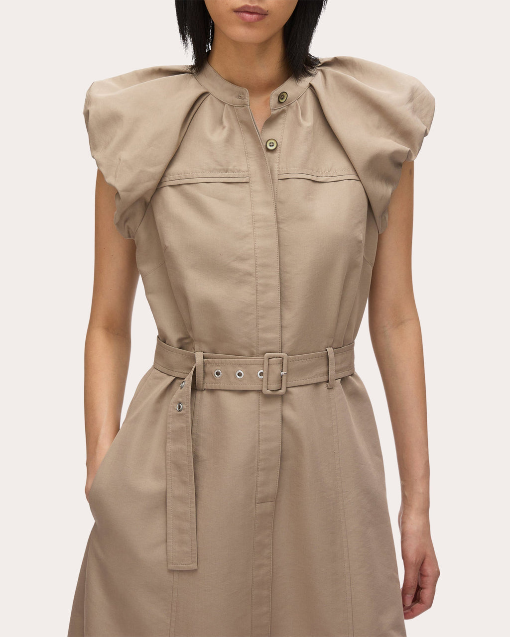 Belted Gathered Poplin Midi Shirt Dress