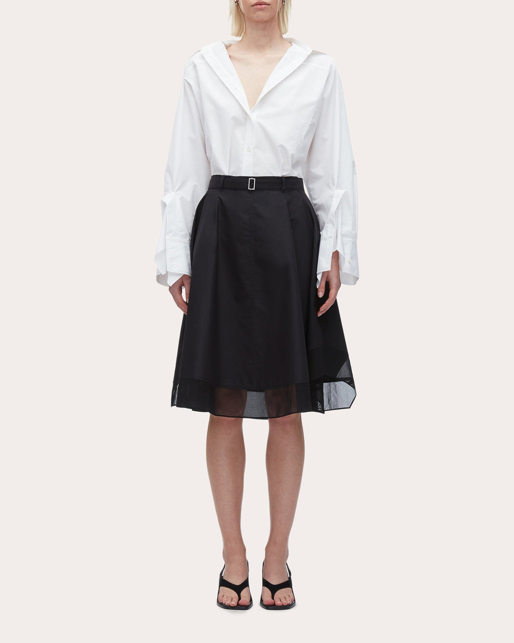 Belted Voile-Trimmed Poplin Skirt