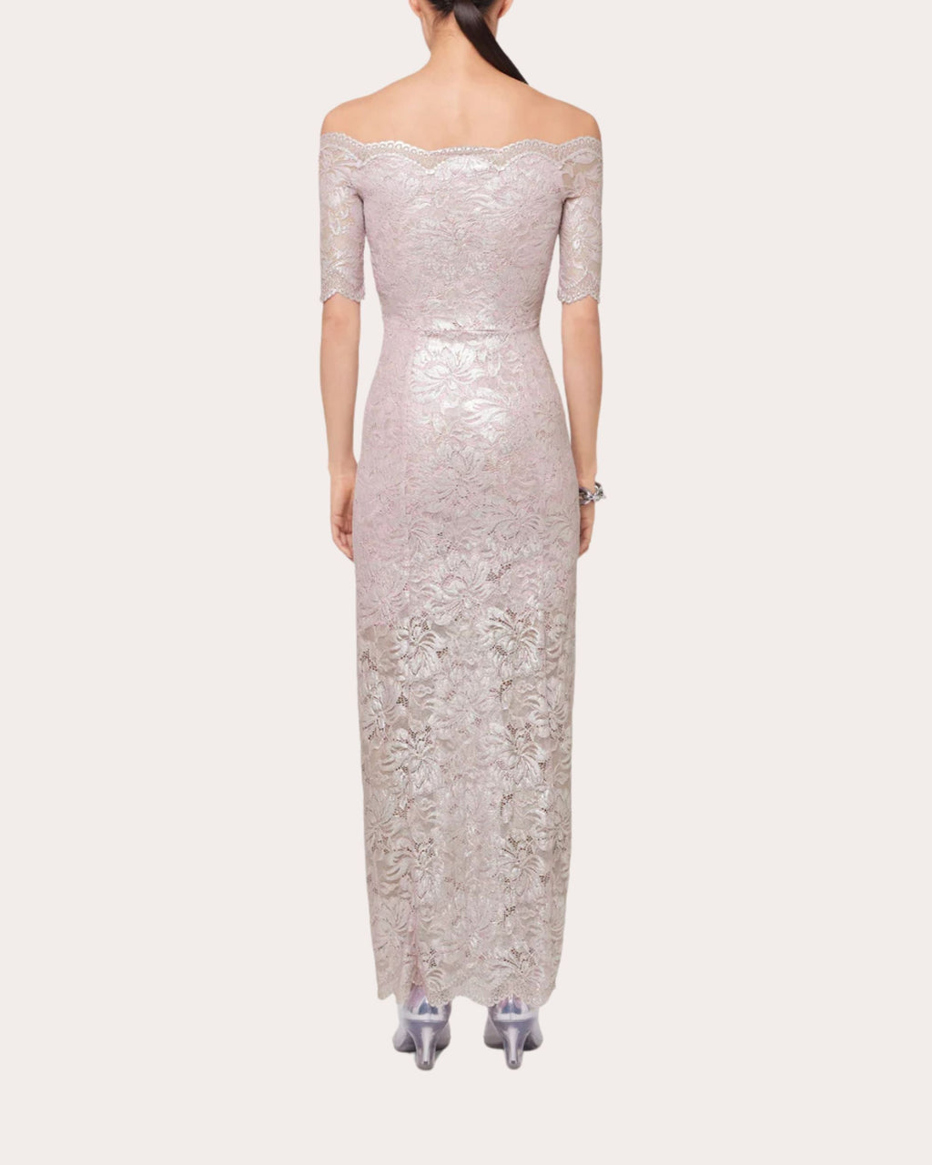 Twist-Front Metallic Lace Off-Shoulder Maxi Dress