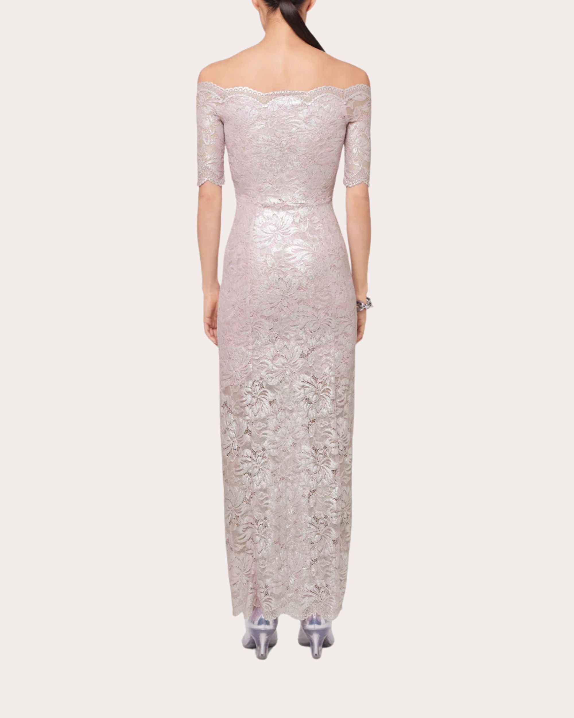 Twist-Front Metallic Lace Off-Shoulder Maxi Dress