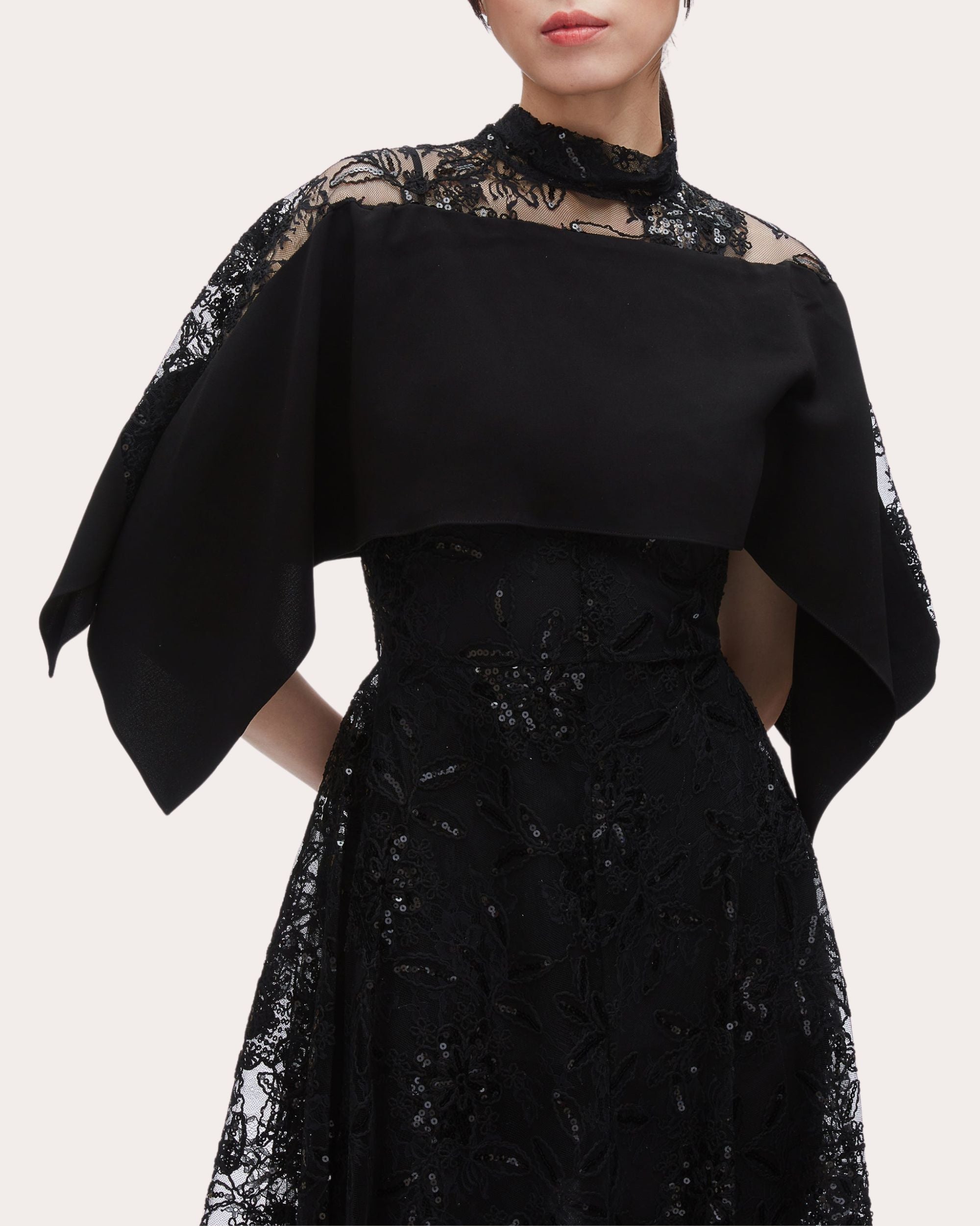 Cape-Effect Sequin-Embellished Lace Midi Dress