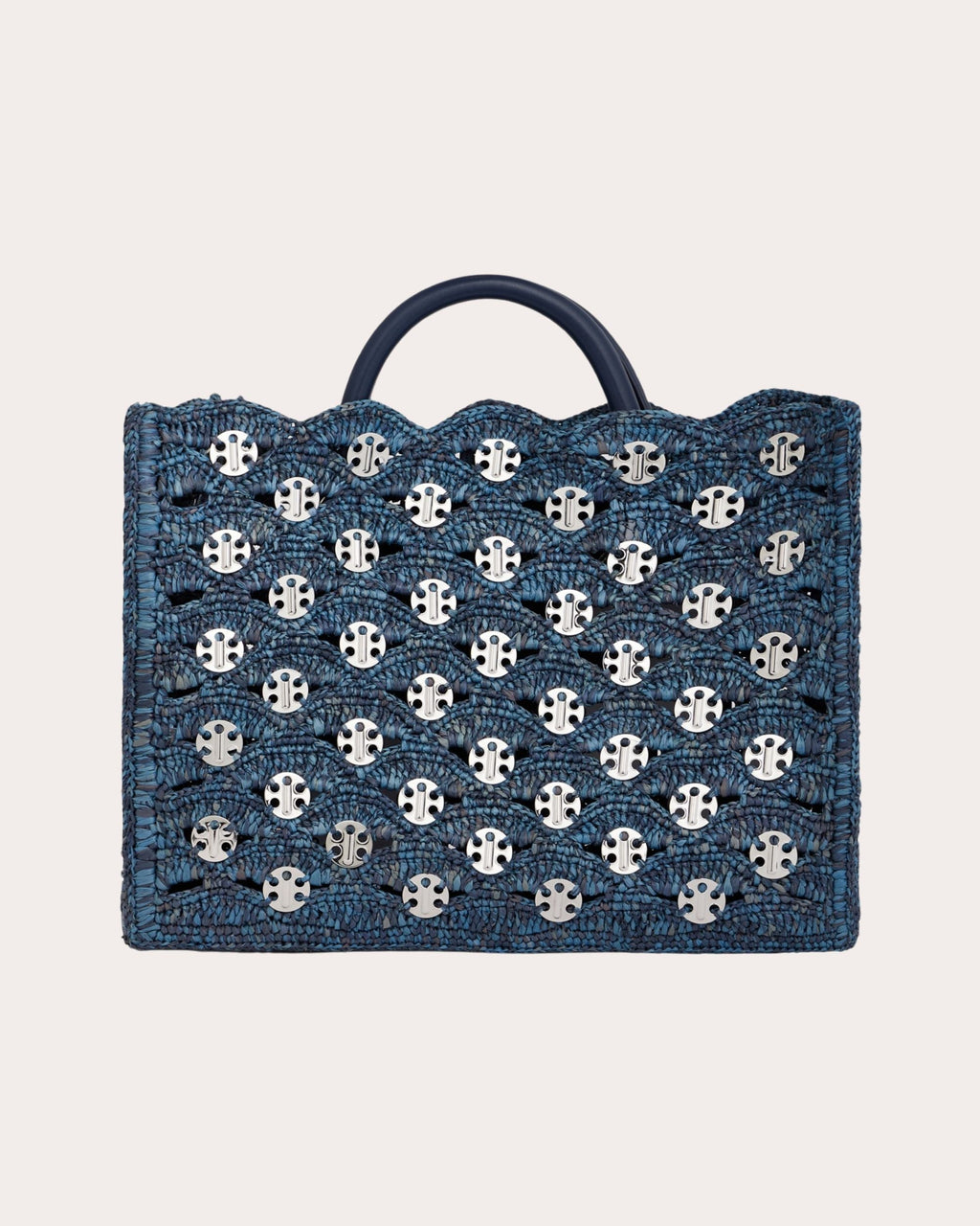 1969 Leather Trimmed Chainmail Embellished Raffia Tote