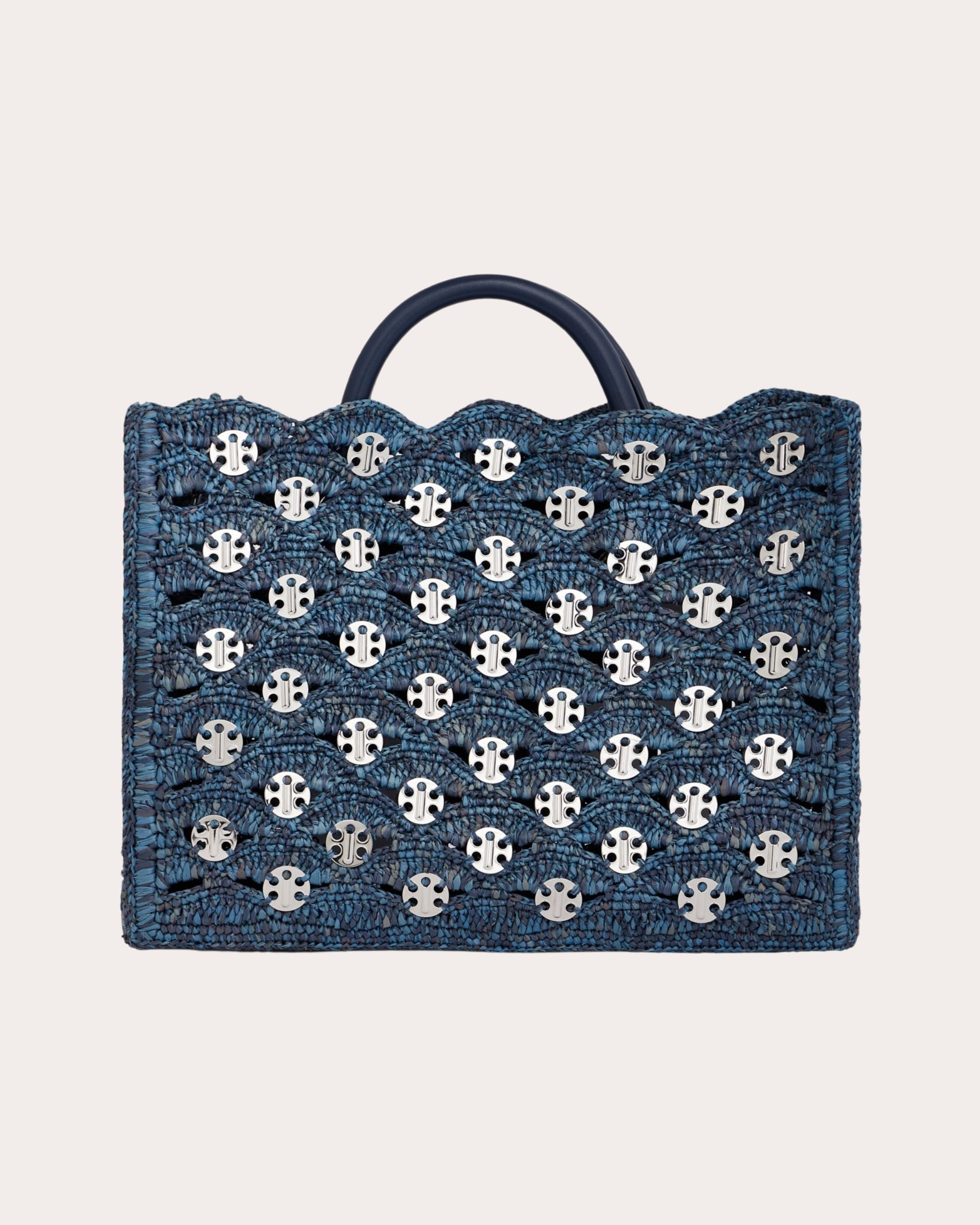 1969 Leather Trimmed Chainmail Embellished Raffia Tote