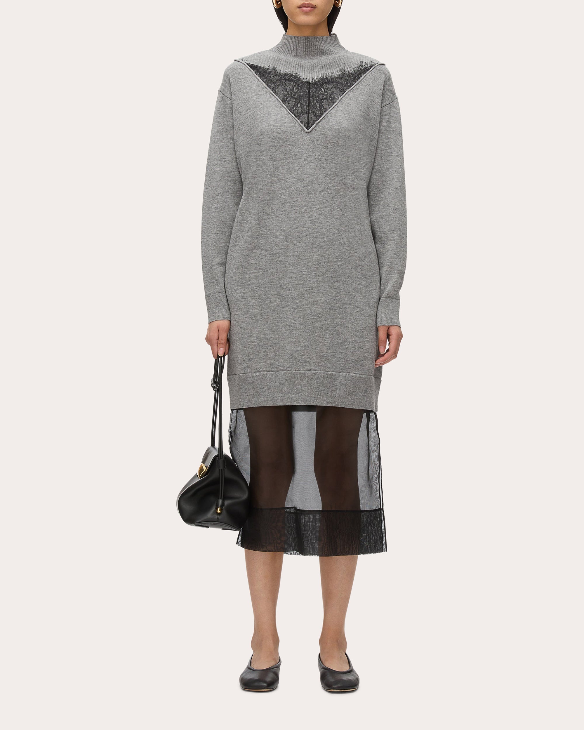 Layered Lace-Inset Chiffon-Trim Wool Midi Dress