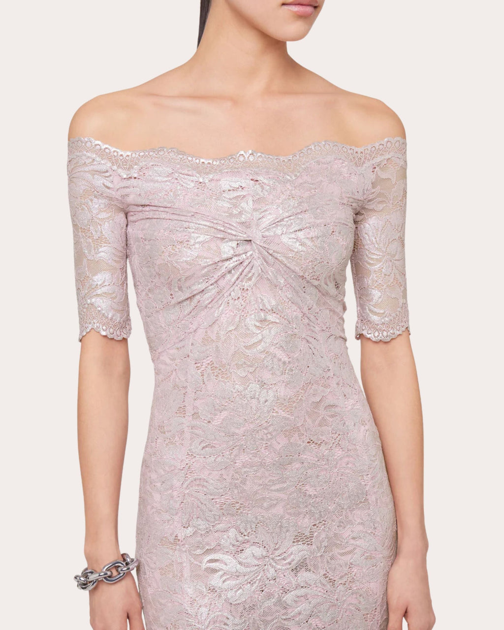 Twist-Front Metallic Lace Off-Shoulder Maxi Dress