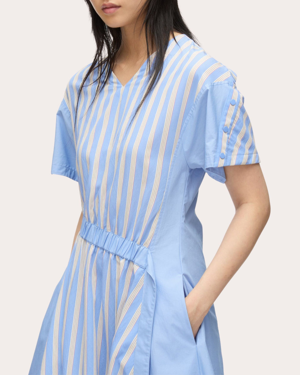 Asymmetric Striped Techno-Poplin Midi Dress