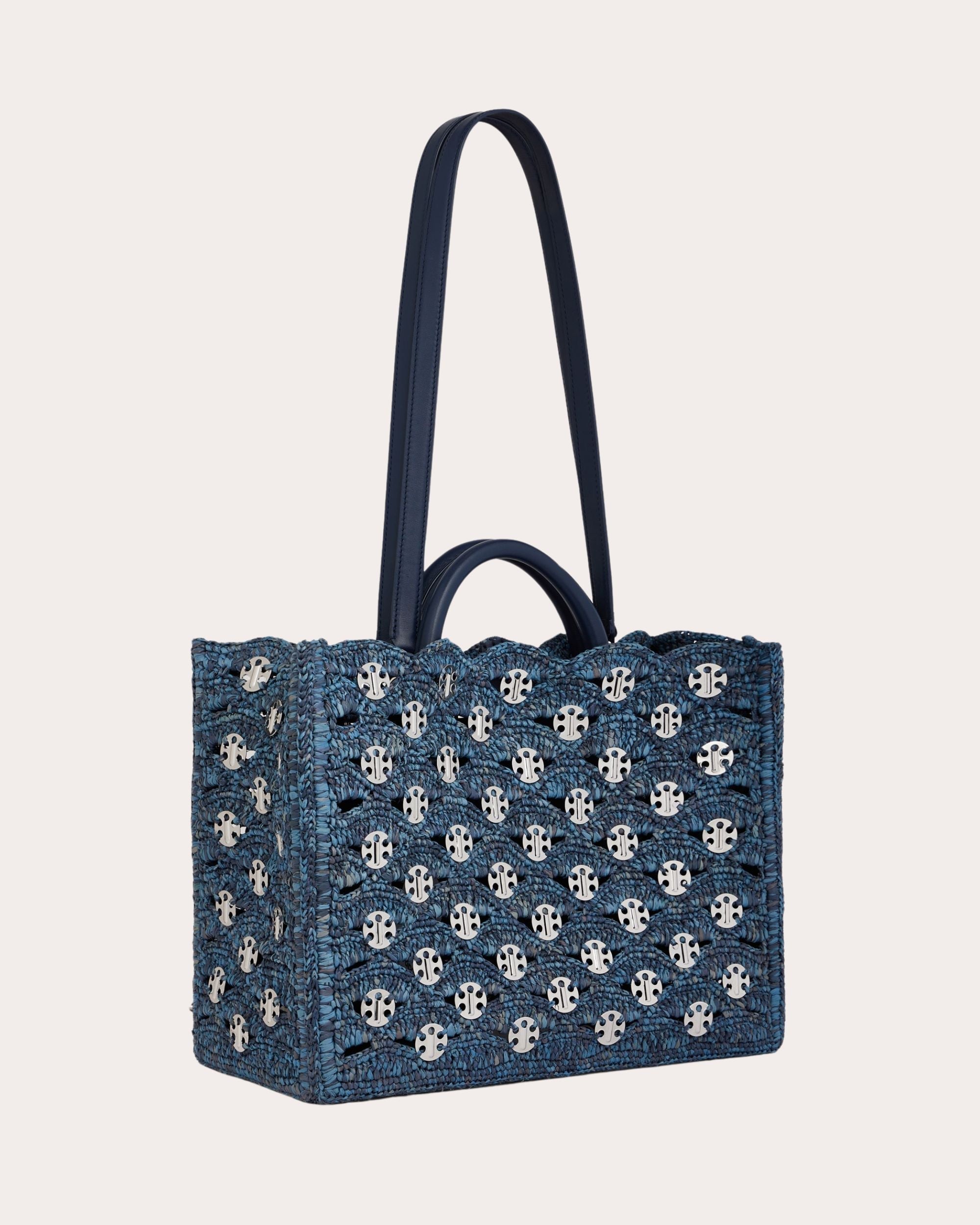 1969 Leather Trimmed Chainmail Embellished Raffia Tote