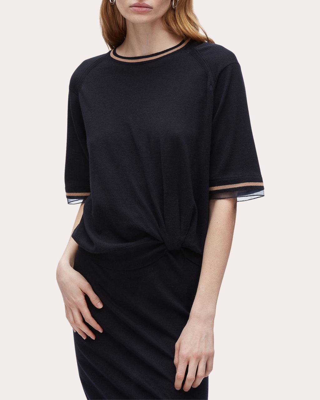 Organza Trimmed Gathered Wool Sweater Dress
