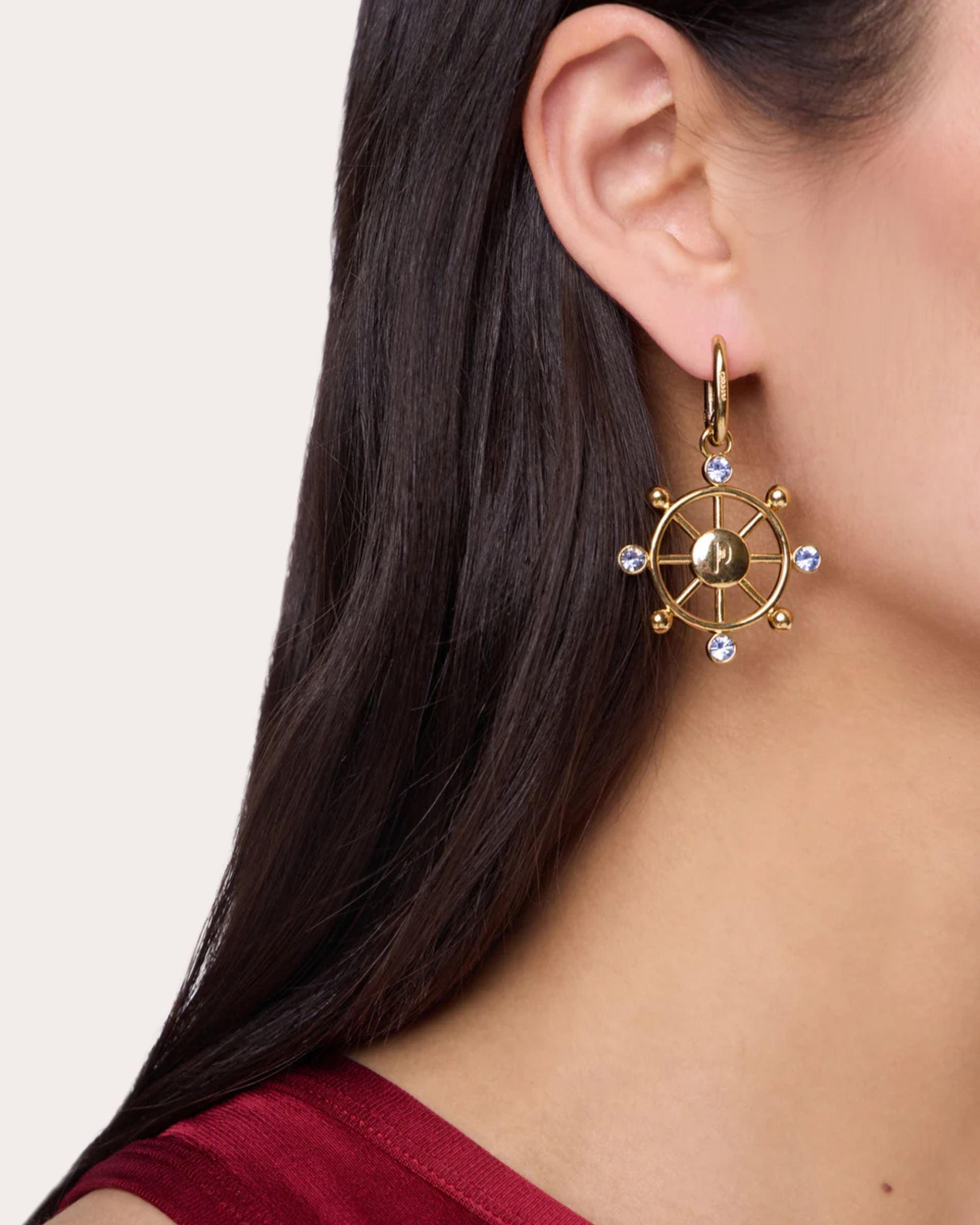 Gold-Tone Crystal Ship Wheel Earrings
