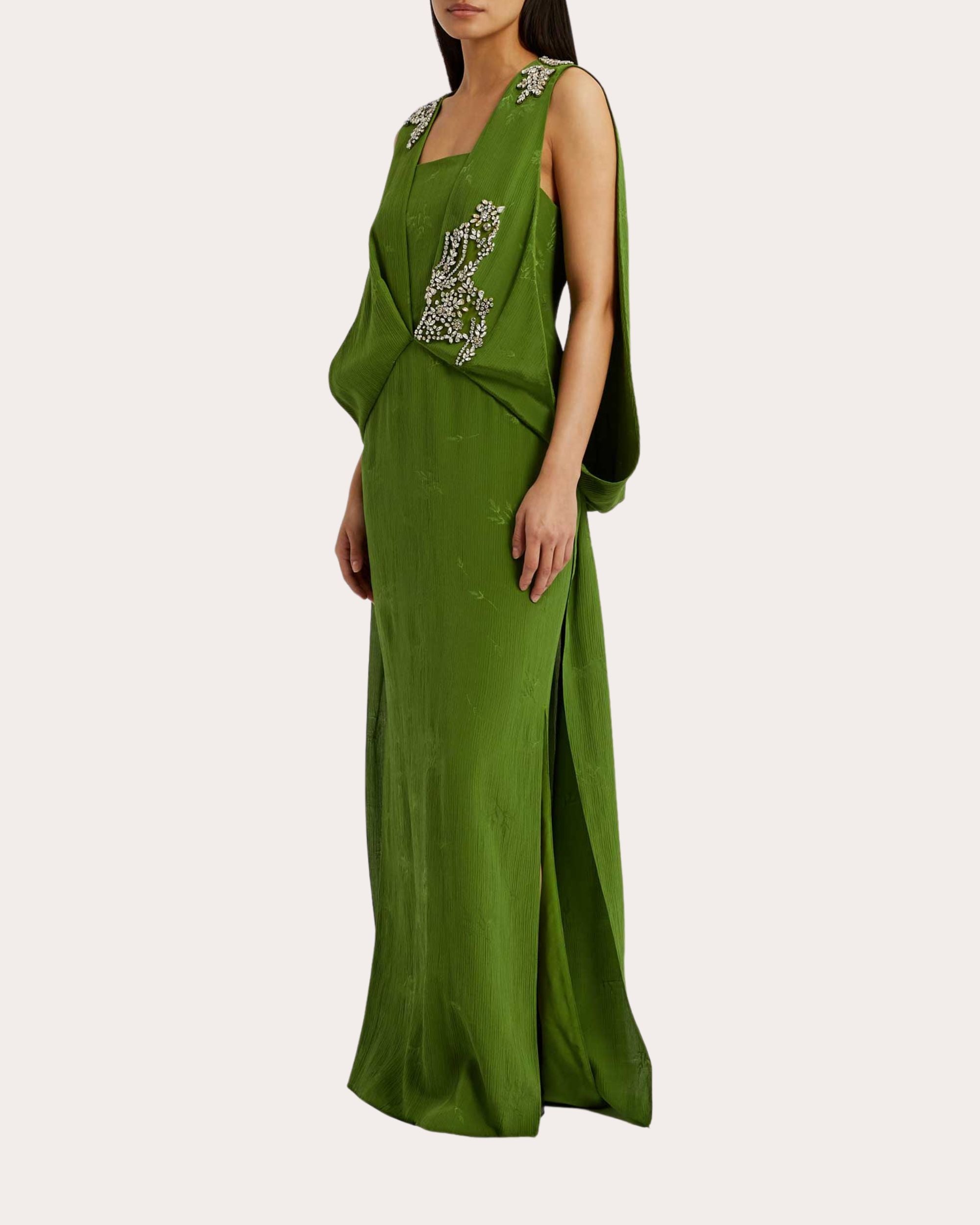 Draped Crystal-Embellished Crinkle Jacquard Gown