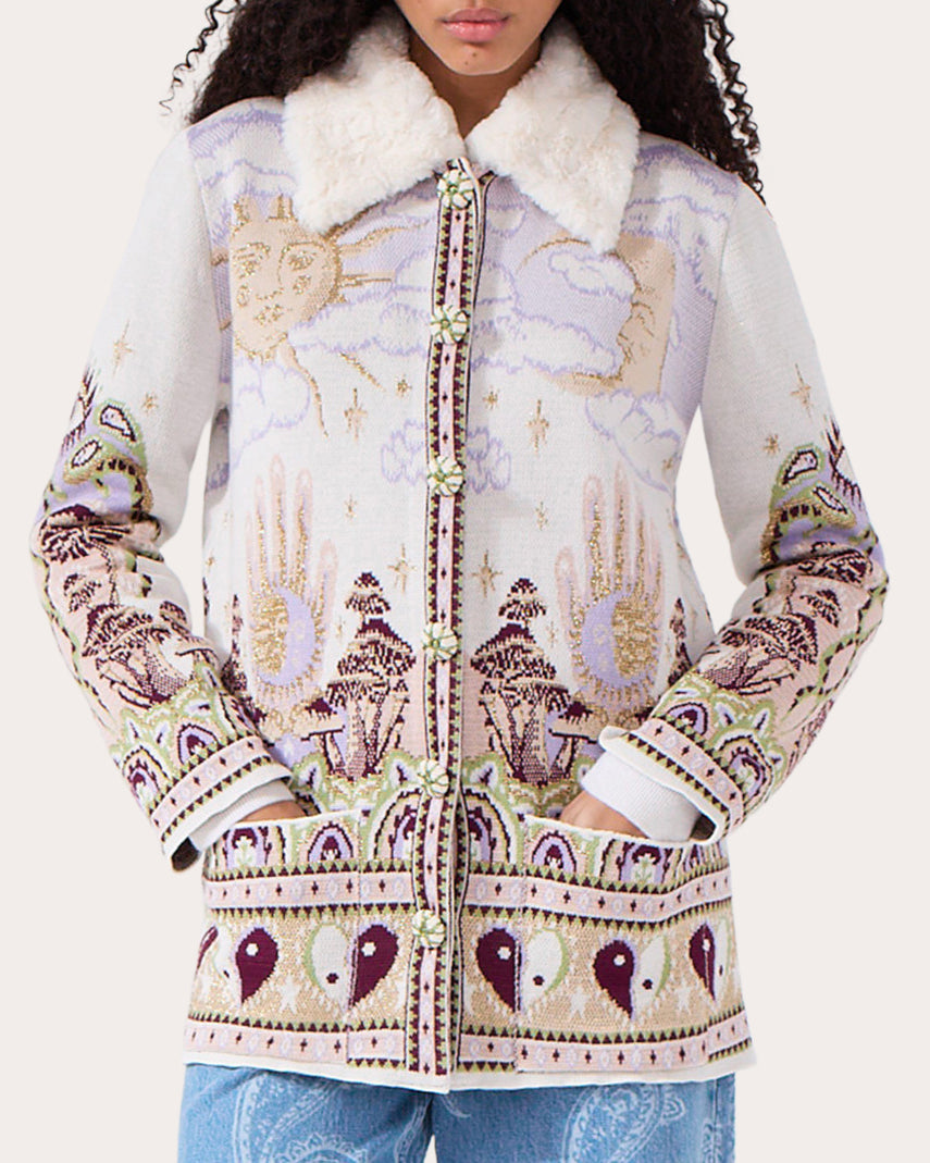 Written in the Stars Faux Fur Trimmed Jacquard Knit Jacket