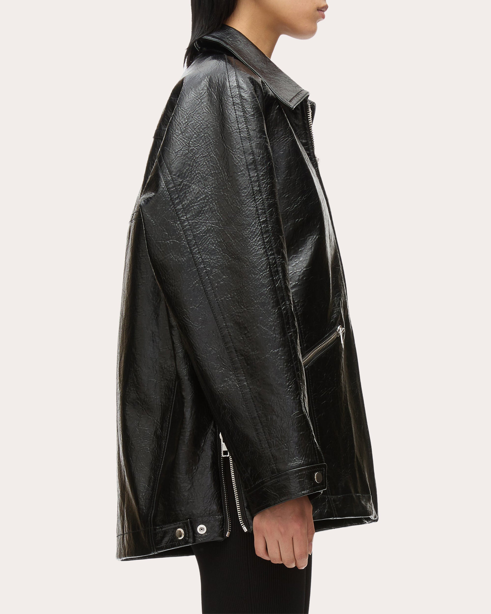 Zipper-Embellished Faux Leather Jacket