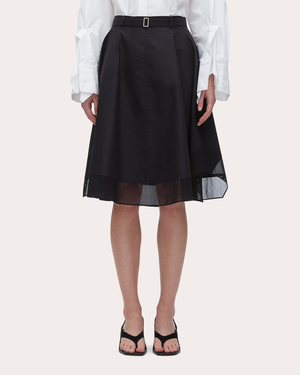 Belted Voile-Trimmed Poplin Skirt
