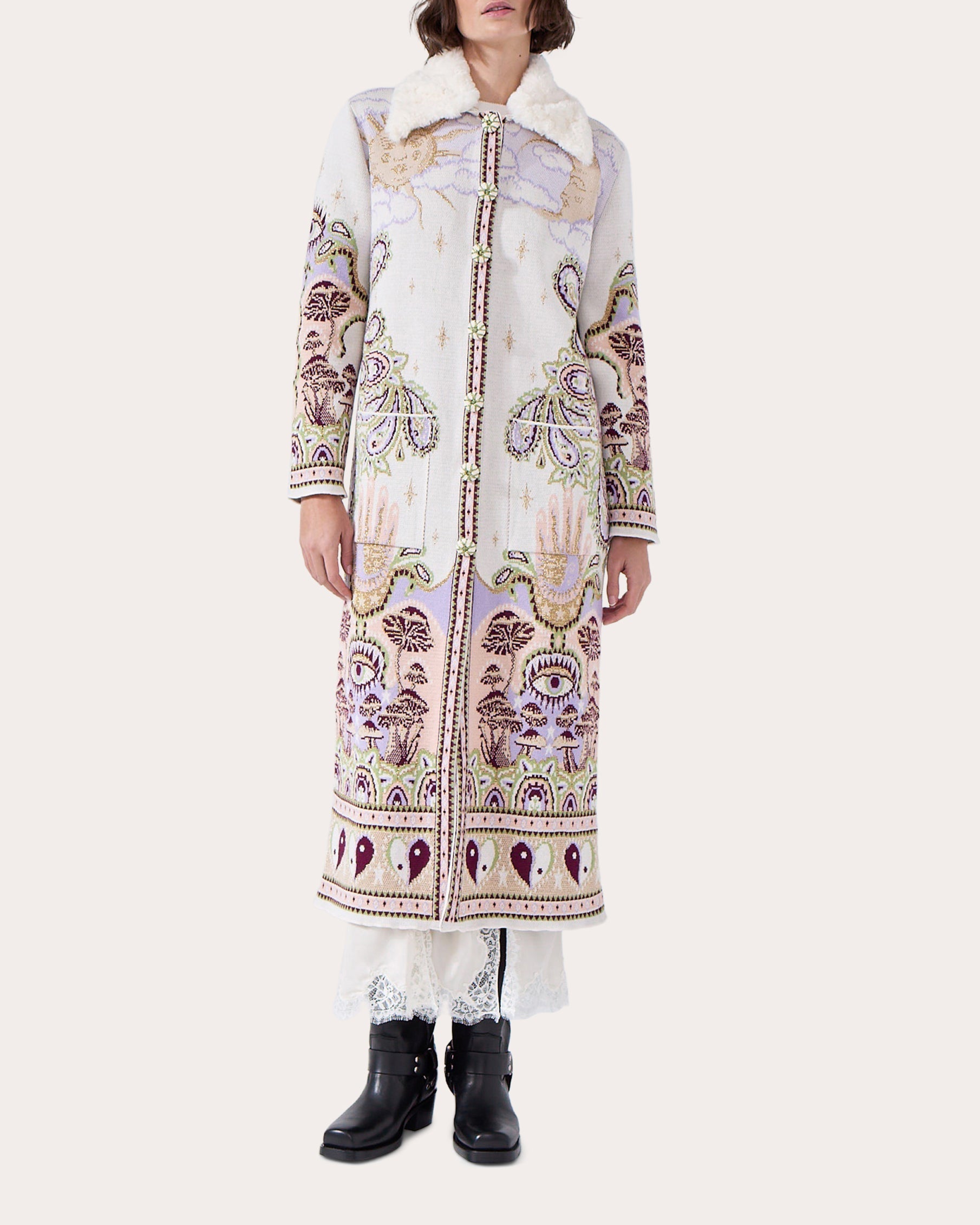 Written in the Stars Faux Fur Trimmed Jacquard Knit Coat