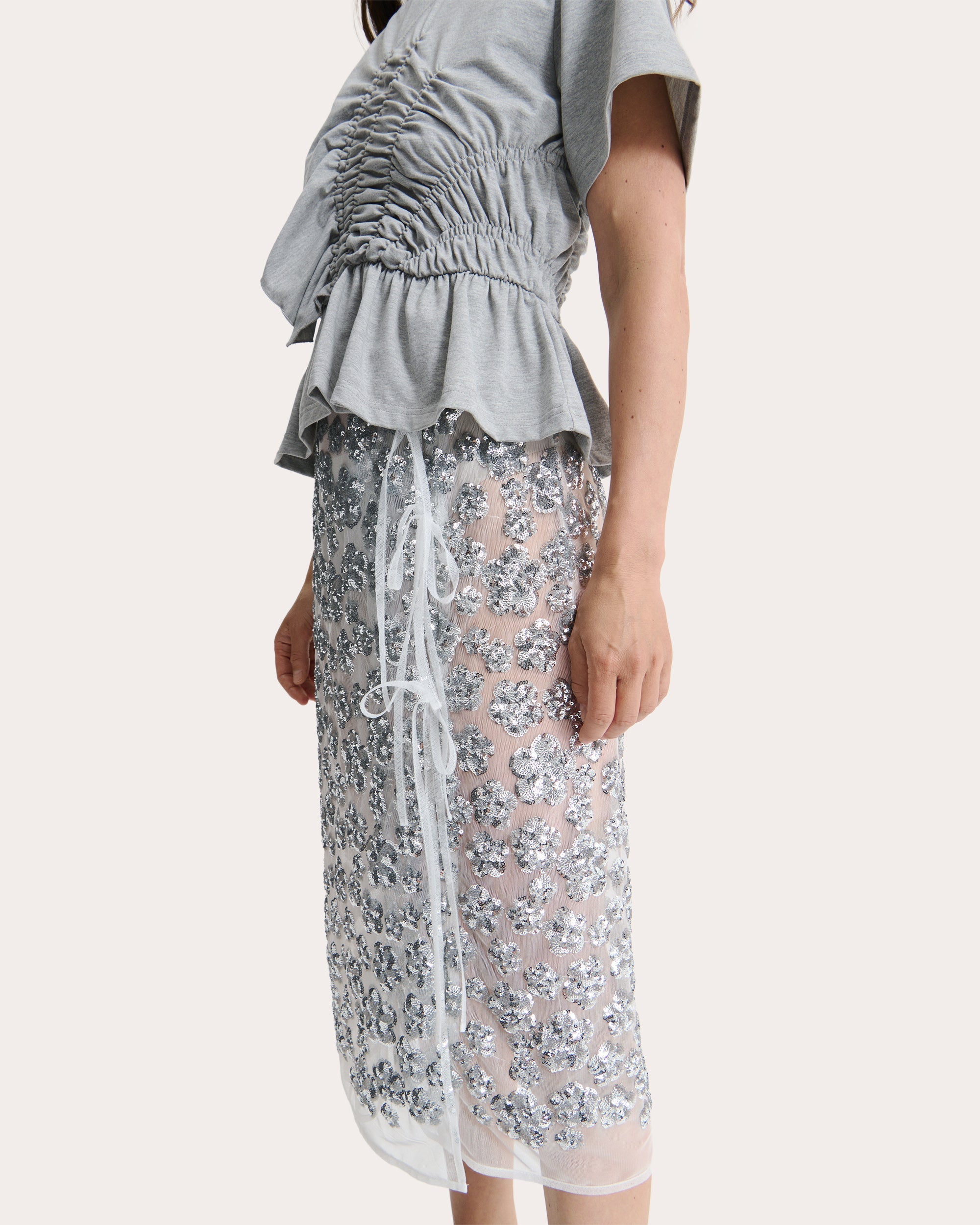 Ariana Sheer Floral Sequin Midi Wrap Skirt