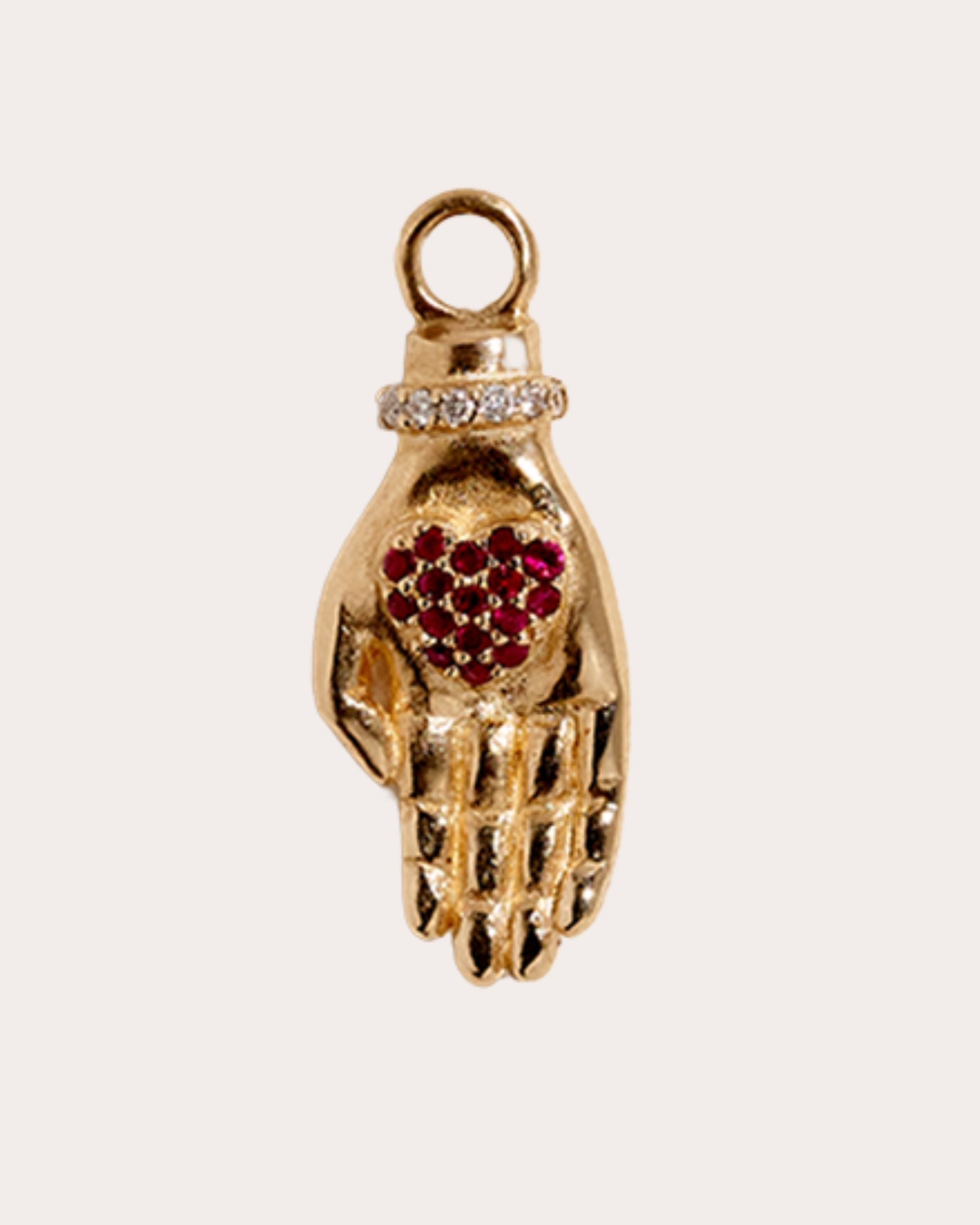 Heart in Hand 14K Gold Ruby and Diamond Pendant