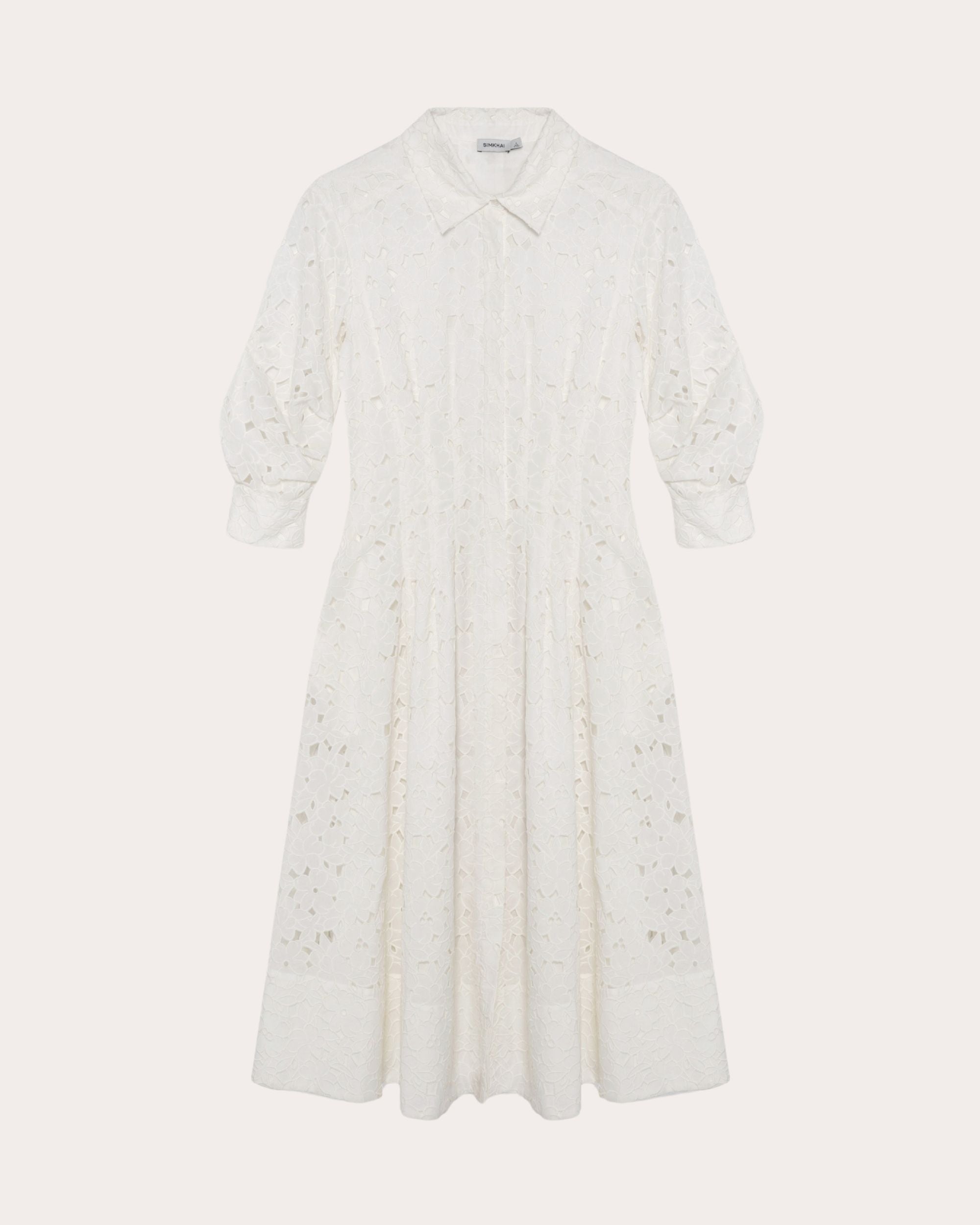 Jazz Embroidered Cotton Pintuck Midi Shirt Dress